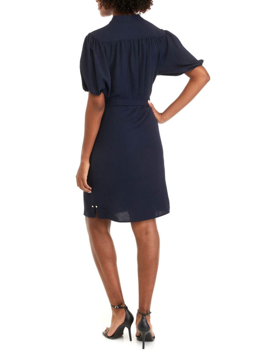 Womens Short Puff Sleeve Solid Wrap Dress