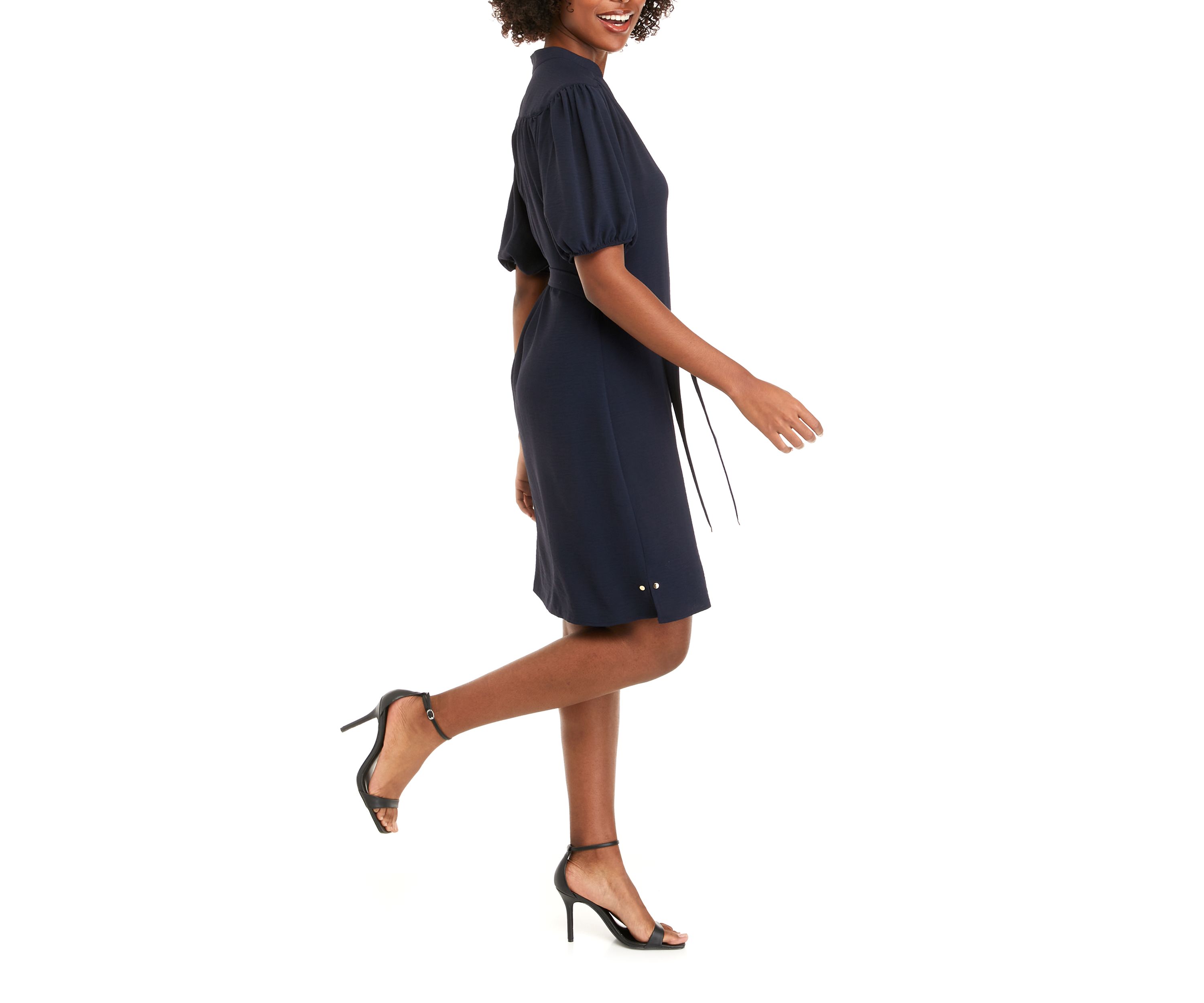 Womens Short Puff Sleeve Solid Wrap Dress
