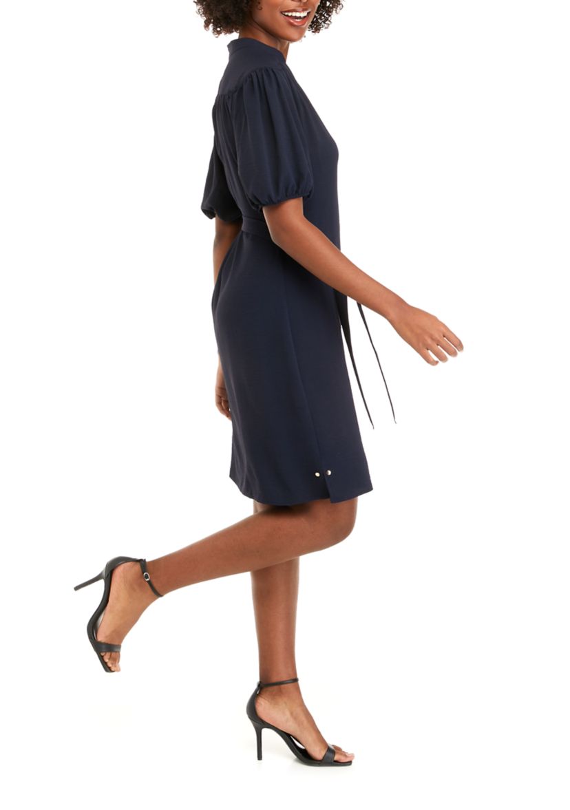 Womens Short Puff Sleeve Solid Wrap Dress