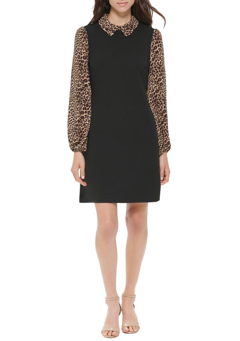 Womens Long Sleeve Collared Printed Dress