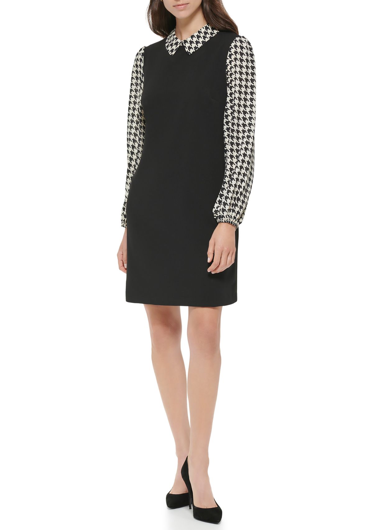 Womens Collared Houndstooth Sleeve Dress