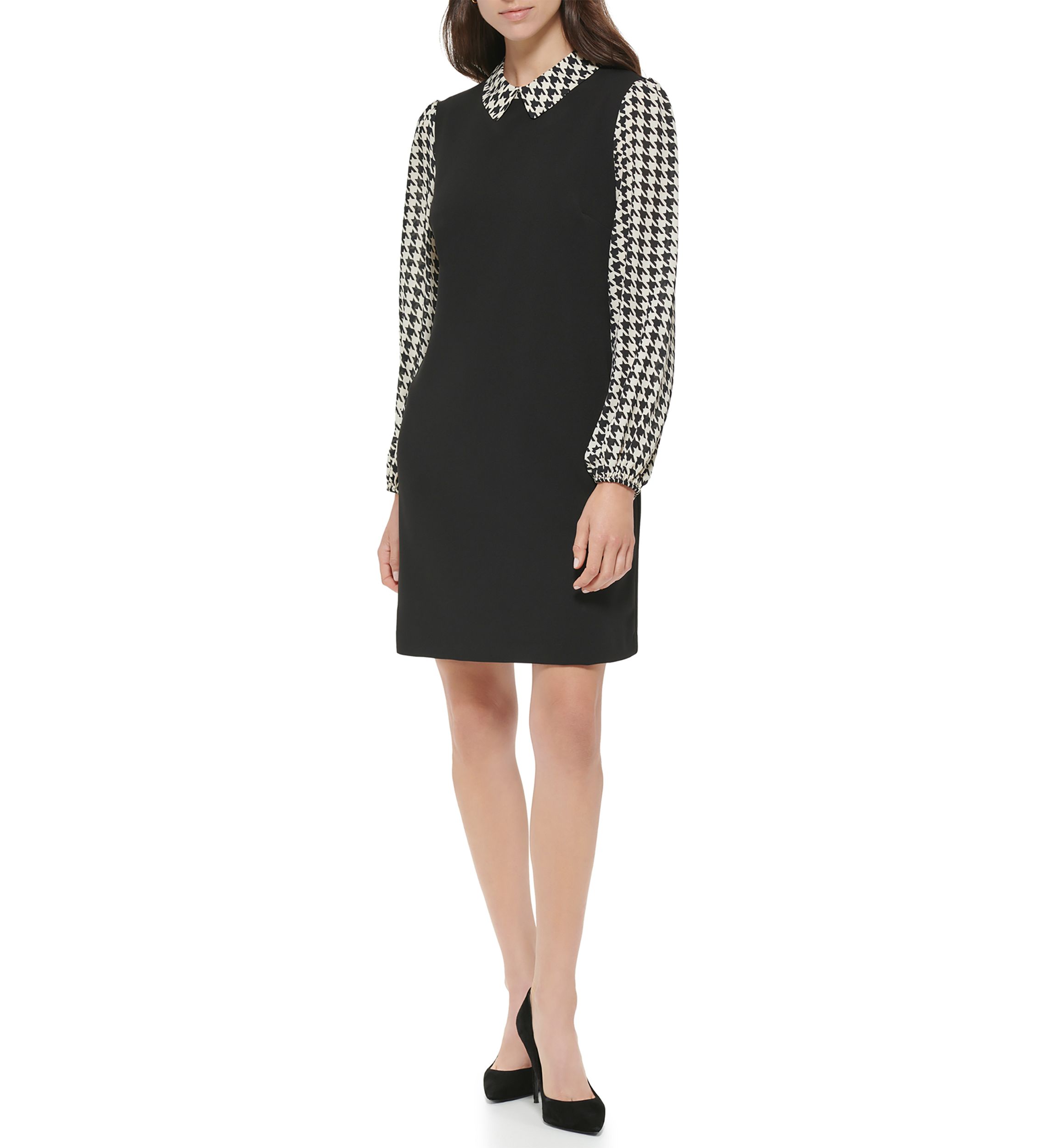 Womens Collared Houndstooth Sleeve Dress