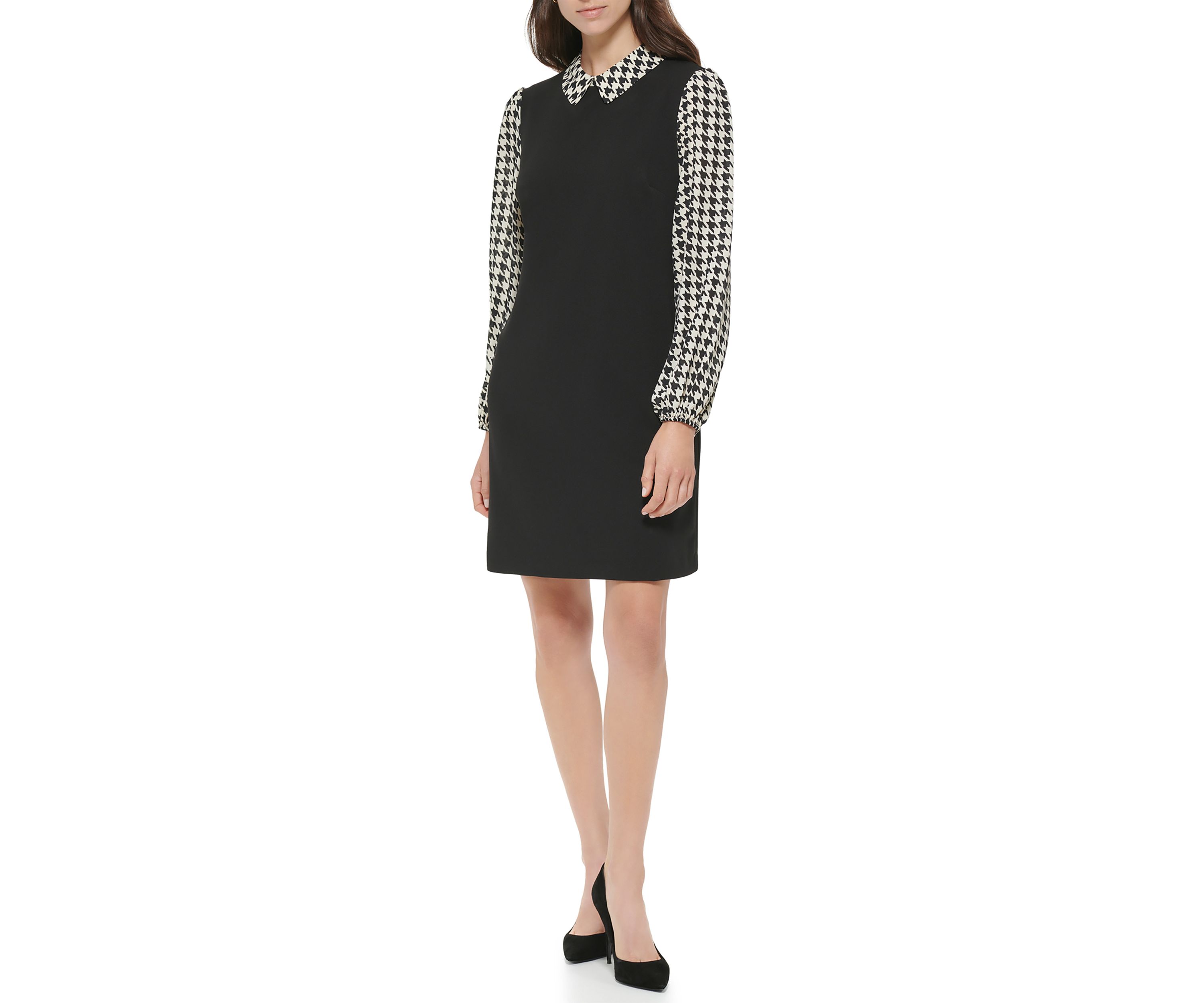 Womens Collared Houndstooth Sleeve Dress