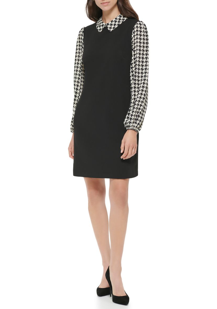 Womens Collared Houndstooth Sleeve Dress