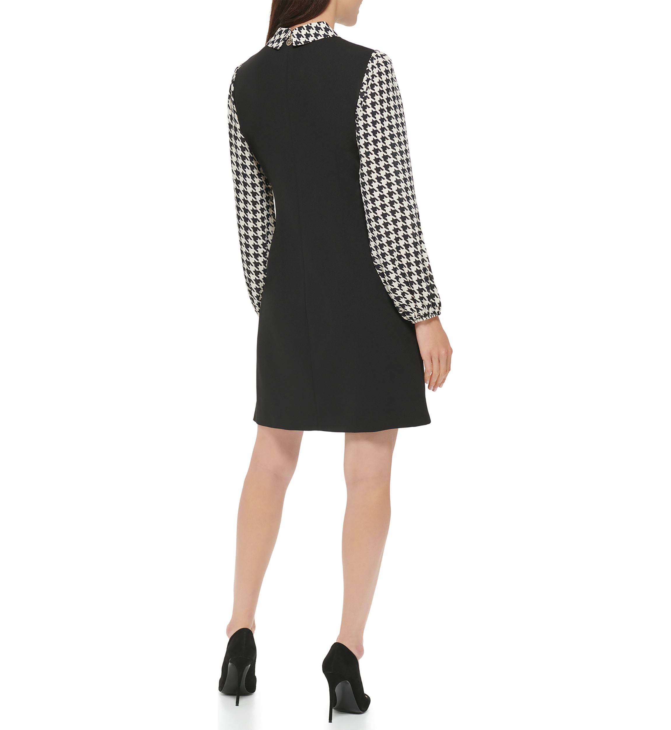 Womens Collared Houndstooth Sleeve Dress