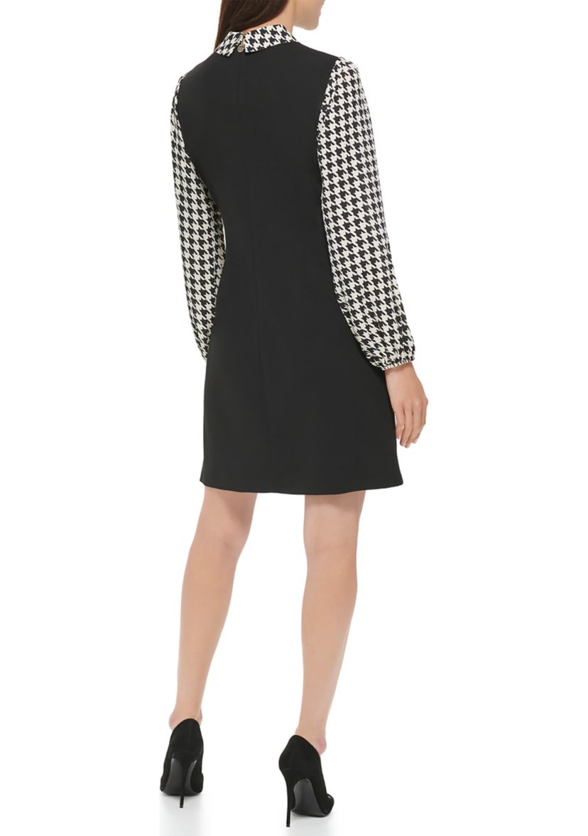 Womens Collared Houndstooth Sleeve Dress