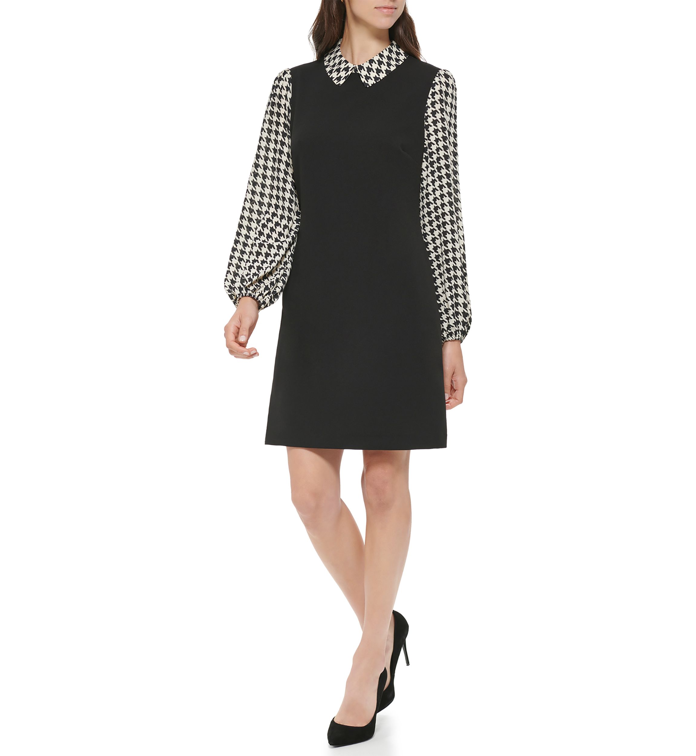 Womens Collared Houndstooth Sleeve Dress