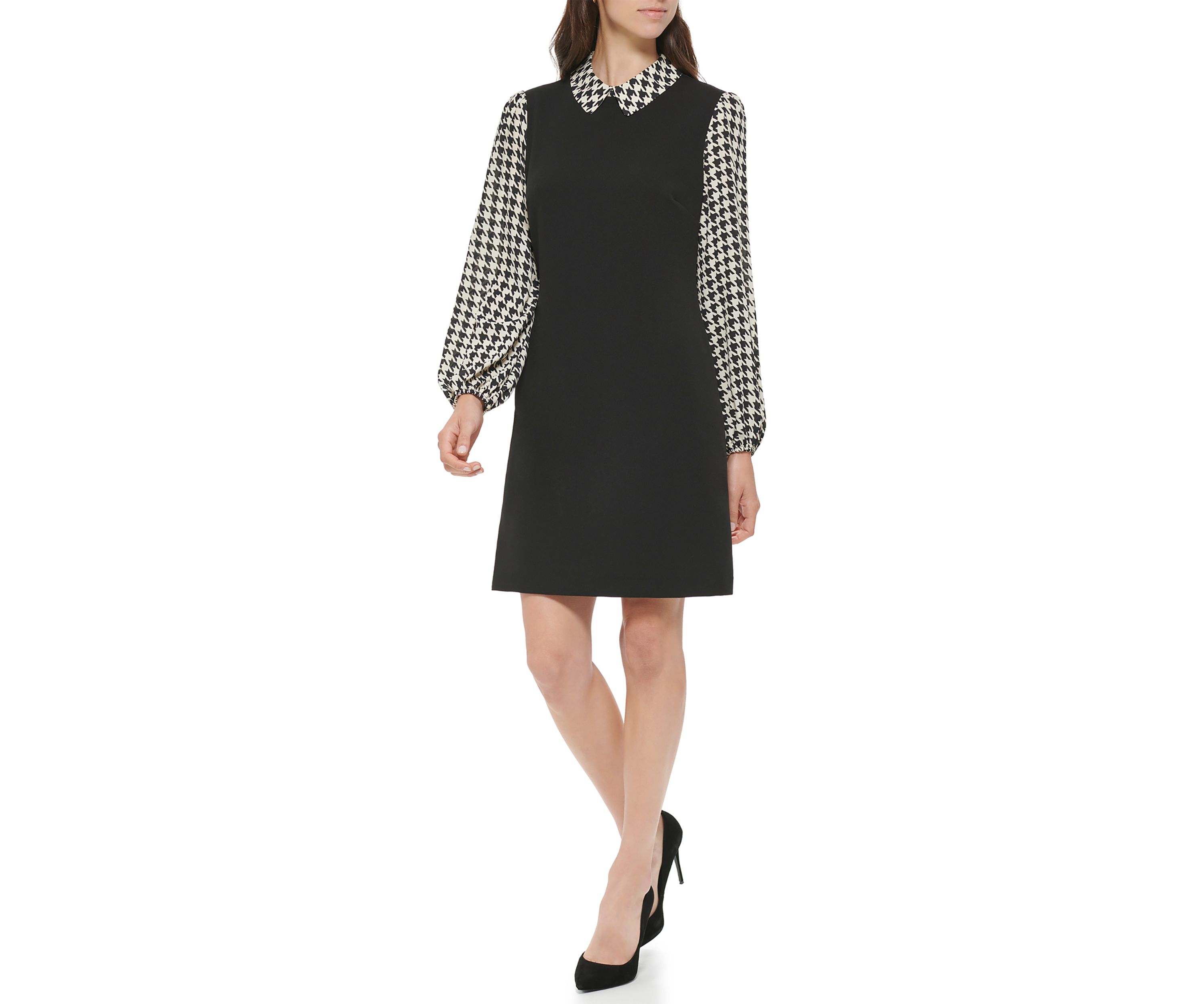 Womens Collared Houndstooth Sleeve Dress