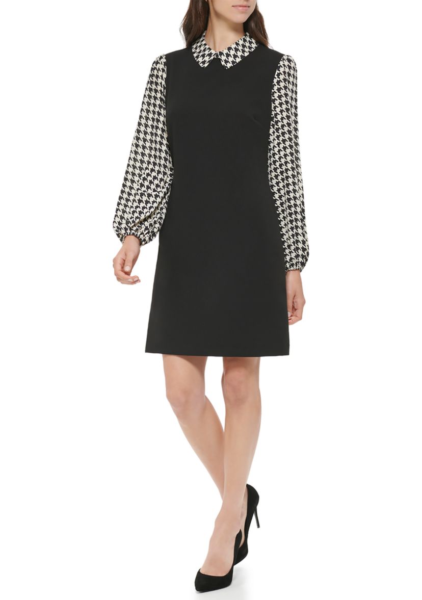 Womens Collared Houndstooth Sleeve Dress