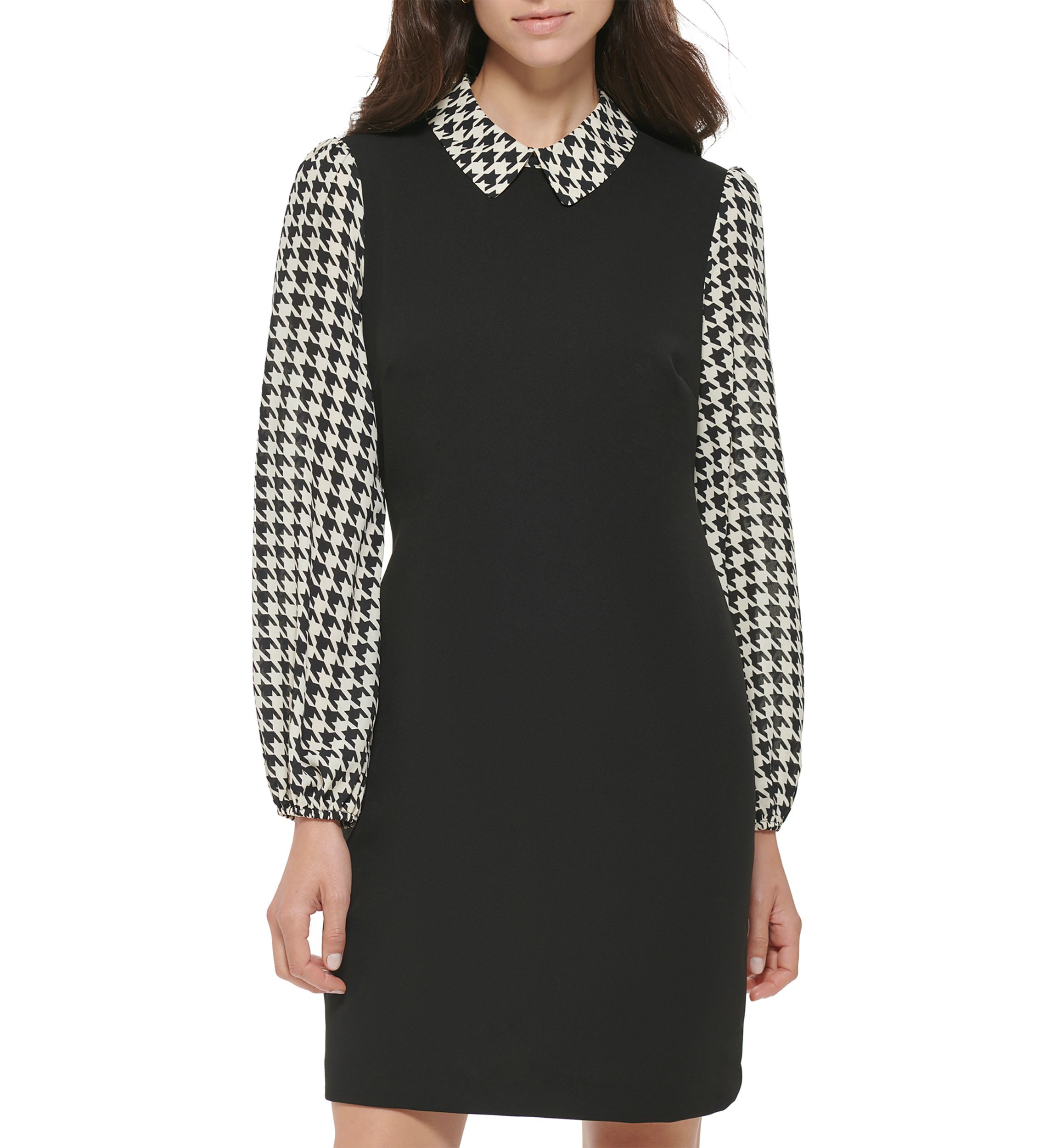 Womens Collared Houndstooth Sleeve Dress
