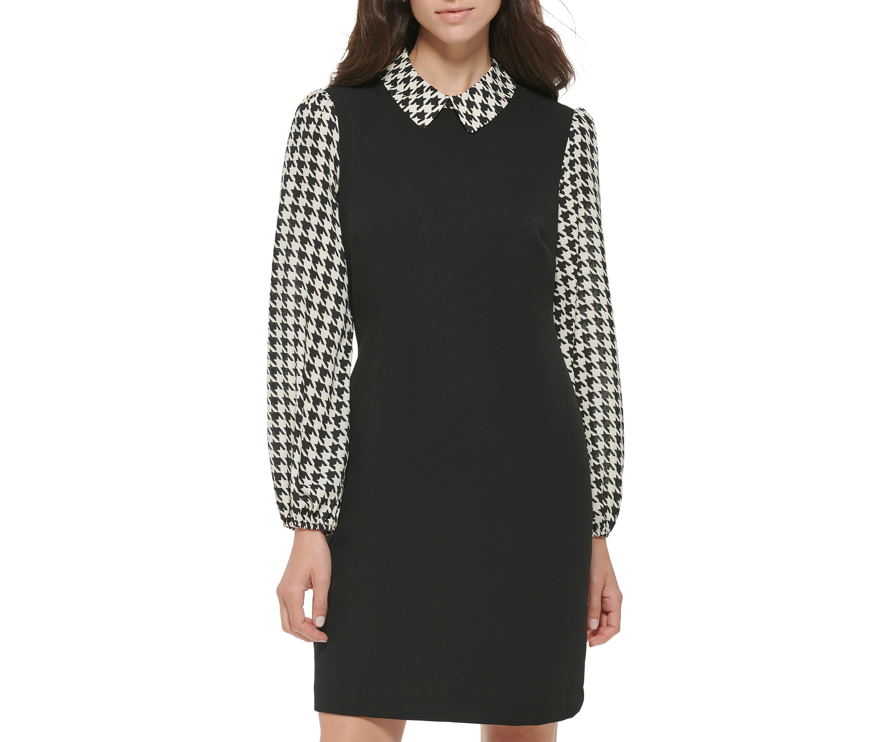 Womens Collared Houndstooth Sleeve Dress