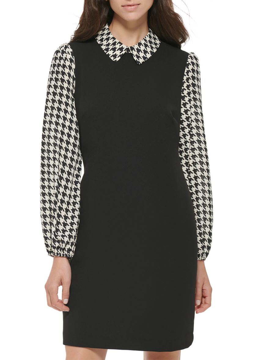 Womens Collared Houndstooth Sleeve Dress