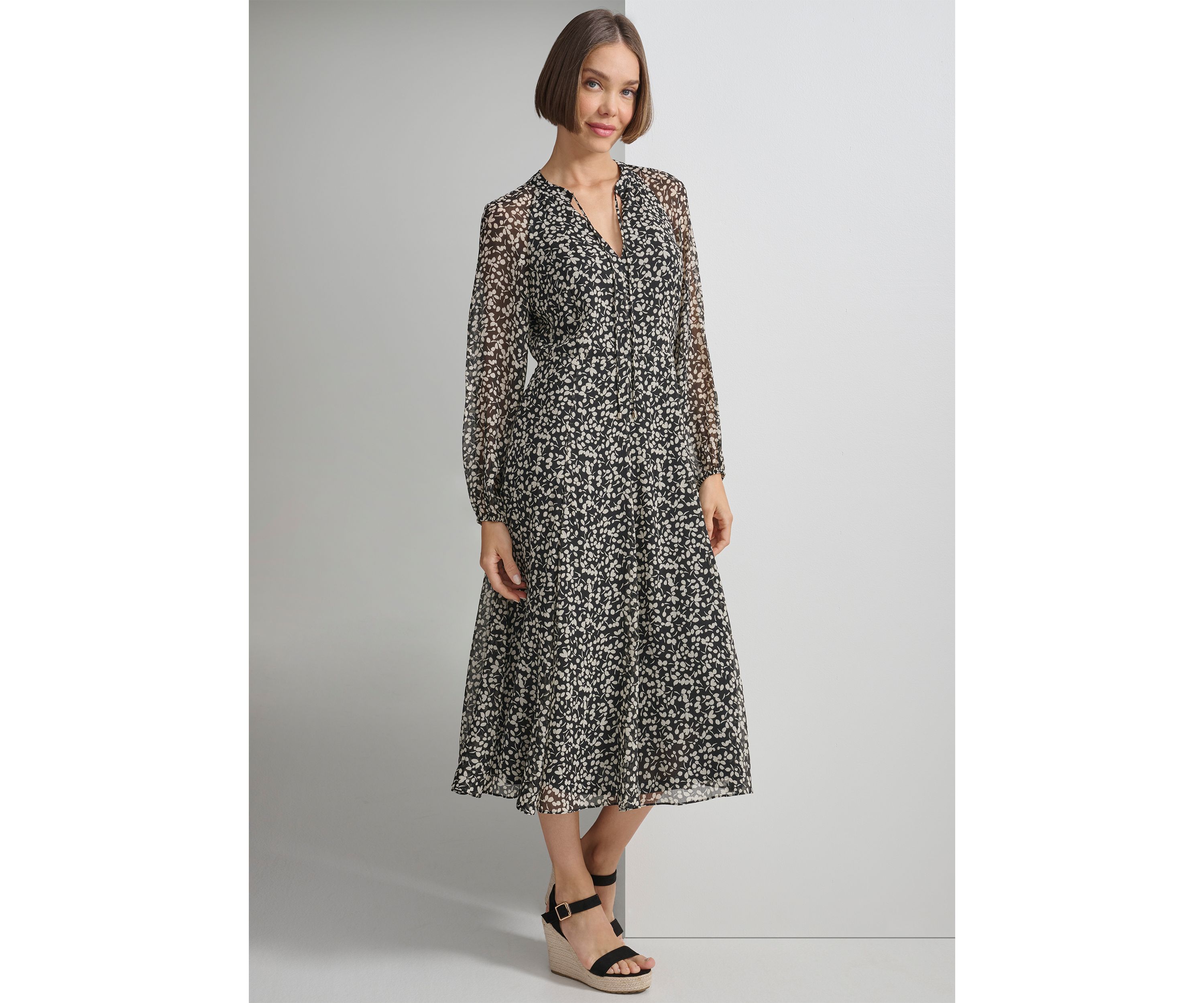 Womens Long Sleeve Floral Print Chiffon Dress