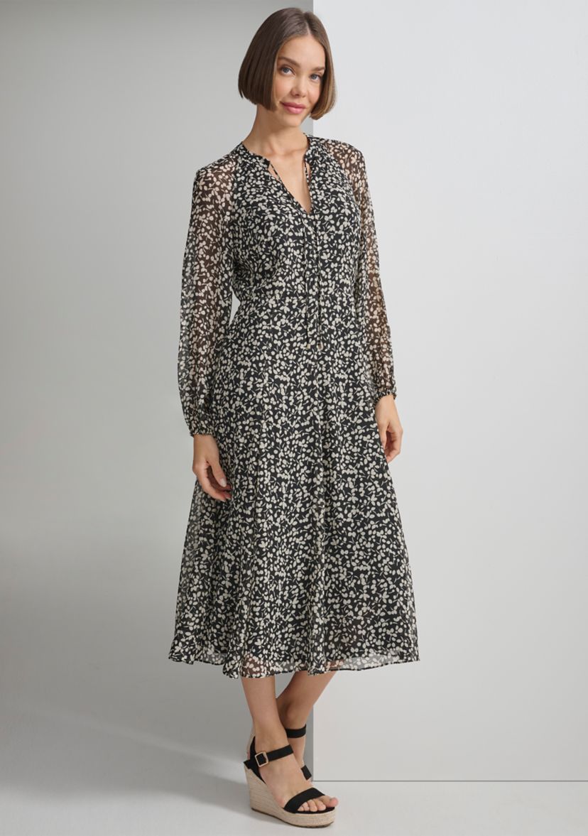 Womens Long Sleeve Floral Print Chiffon Dress