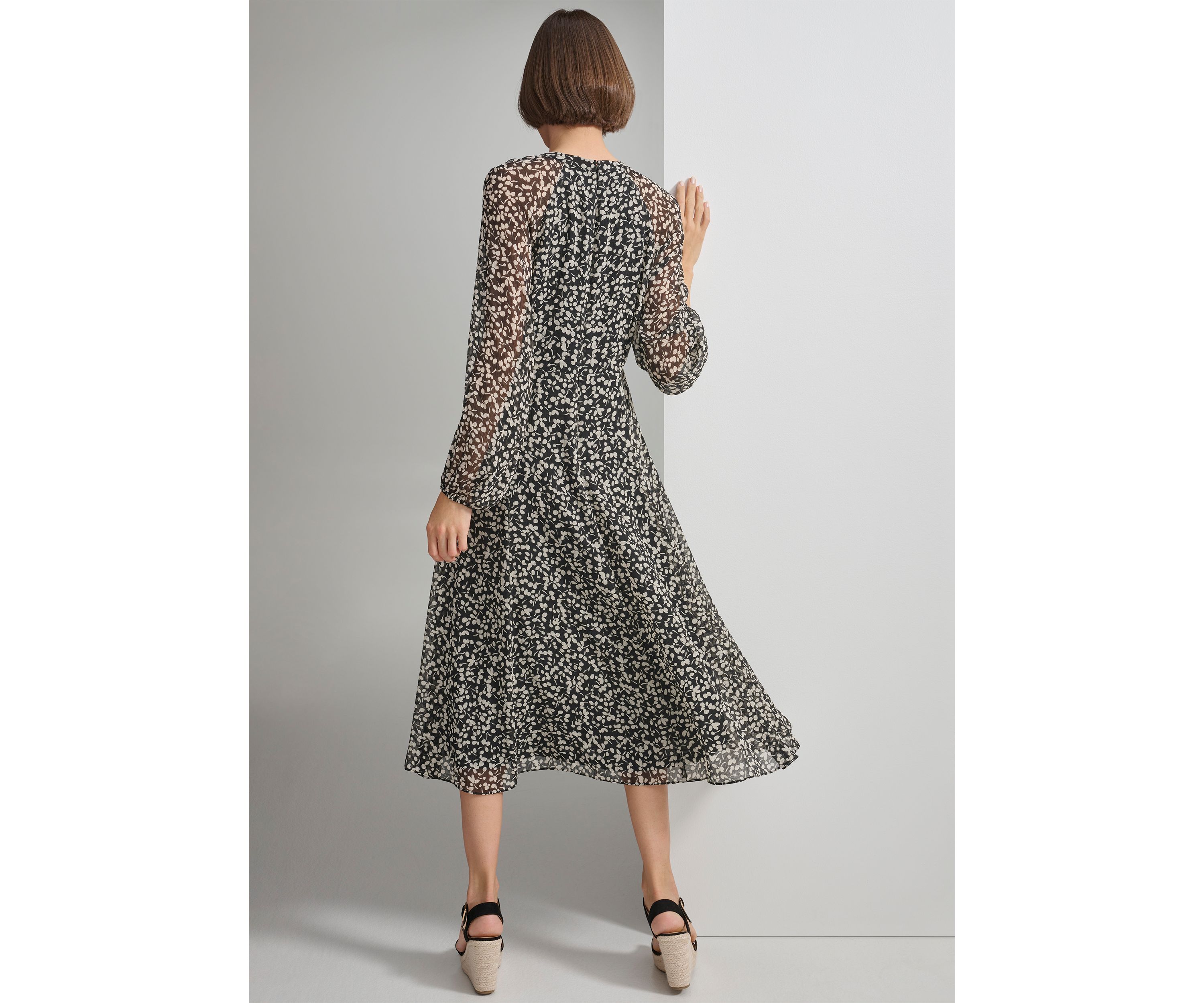 Womens Long Sleeve Floral Print Chiffon Dress