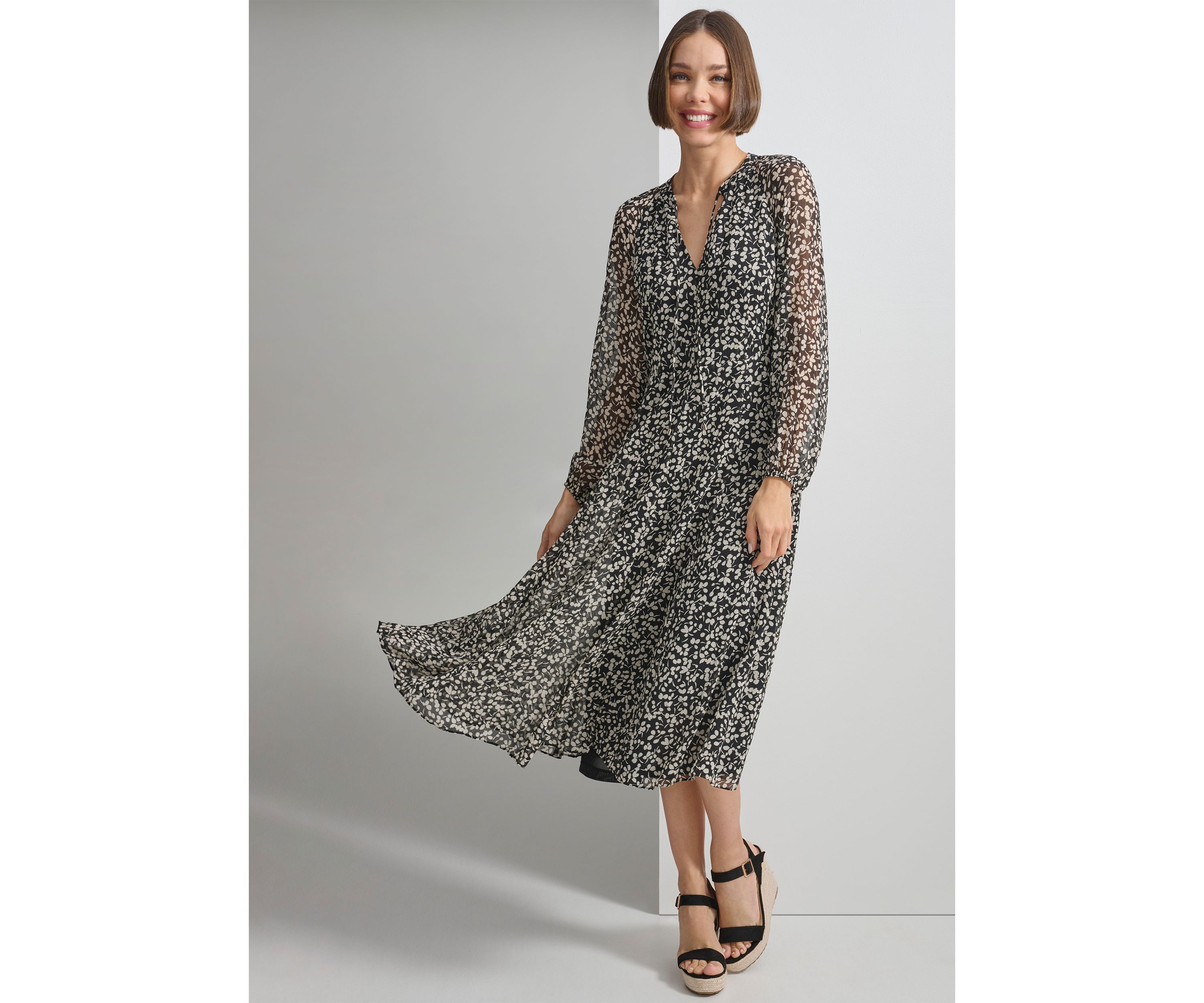 Womens Long Sleeve Floral Print Chiffon Dress