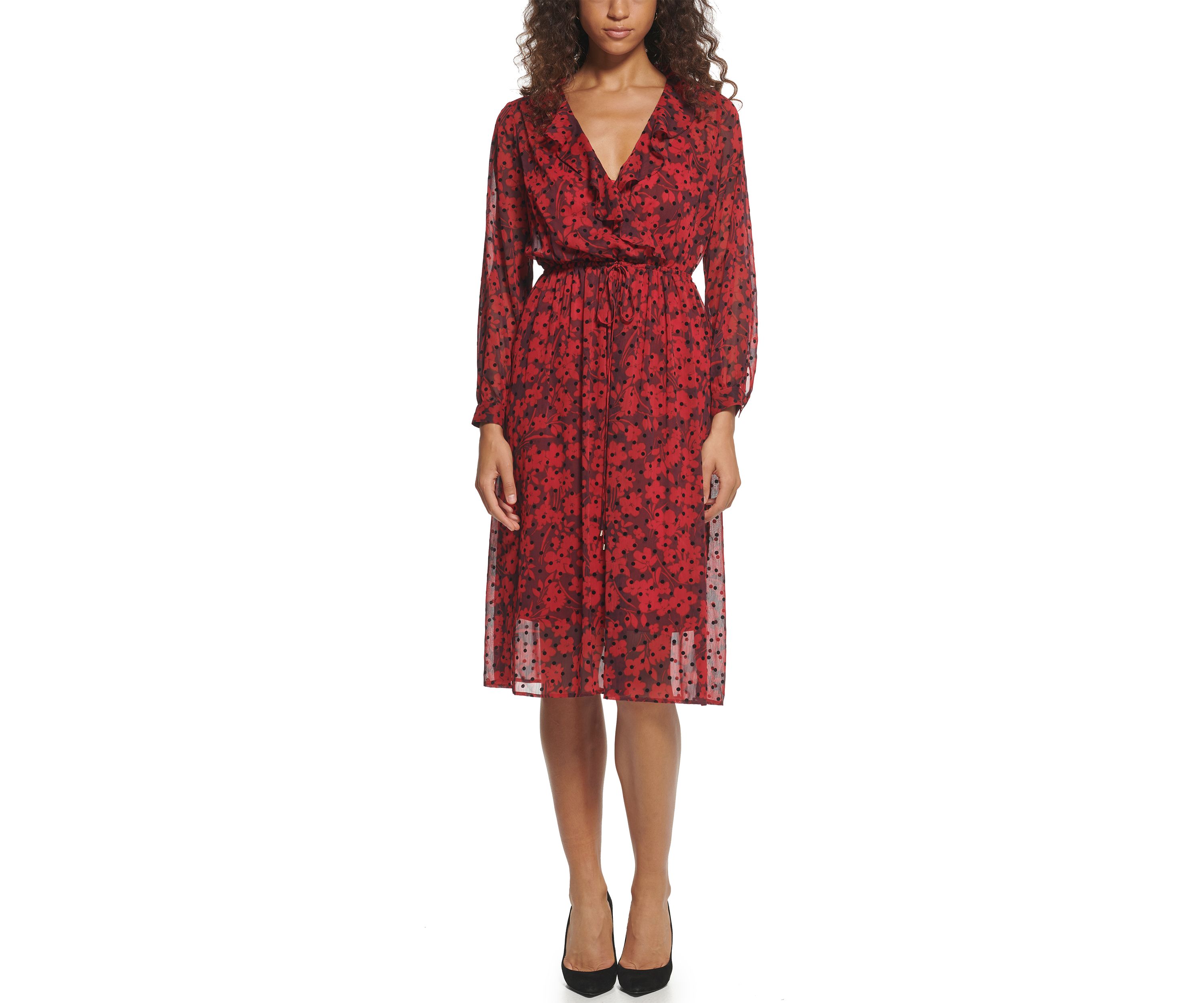 Womens Long Sleeve Ruffle V-Neck Smocked Waist Chiffon Midi Dress