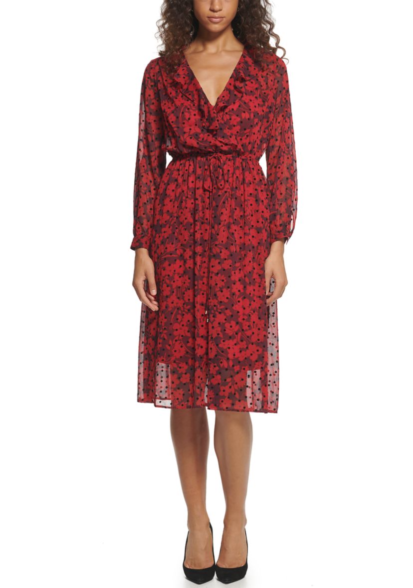 Womens Long Sleeve Ruffle V-Neck Smocked Waist Chiffon Midi Dress