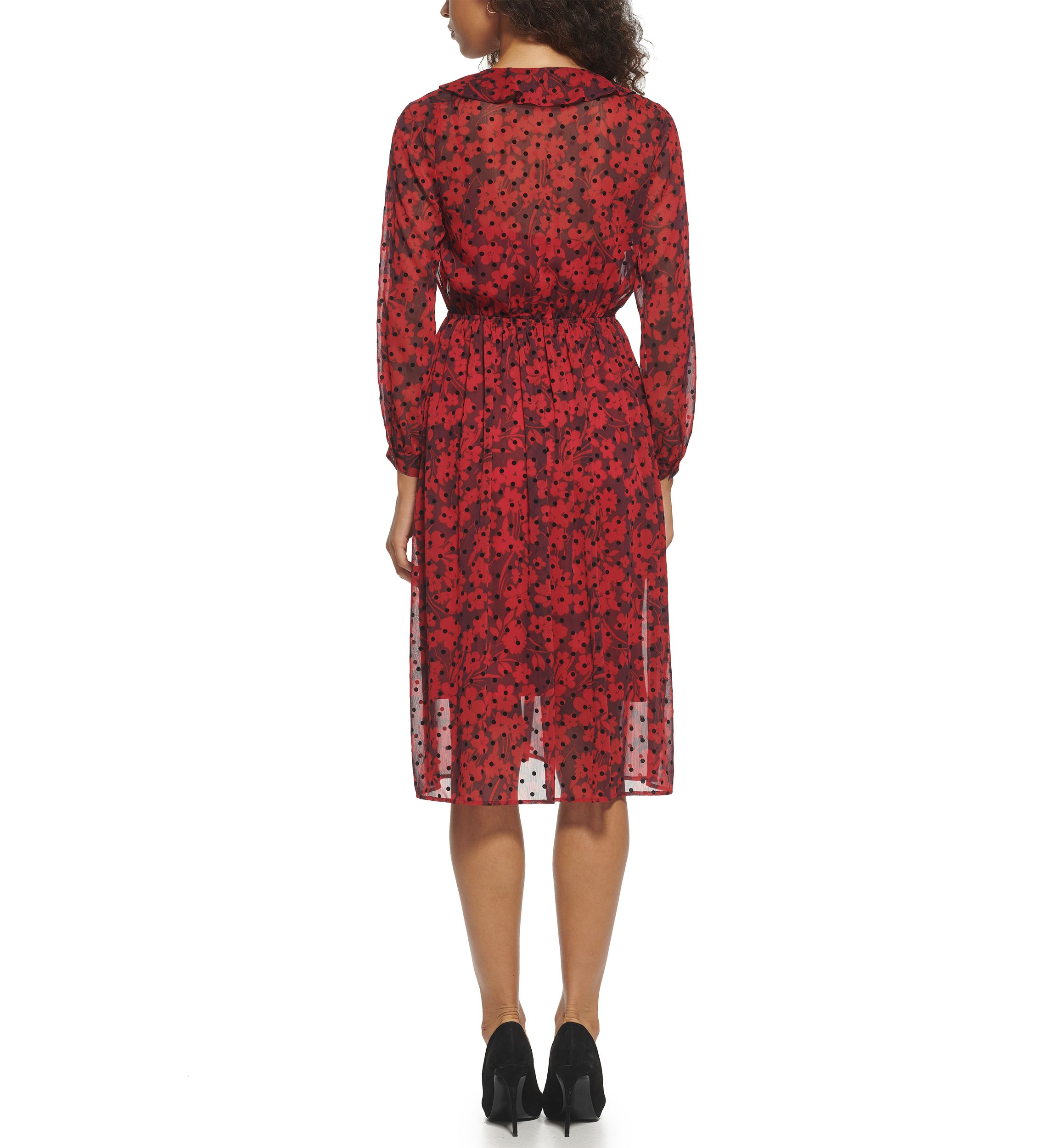 Womens Long Sleeve Ruffle V-Neck Smocked Waist Chiffon Midi Dress