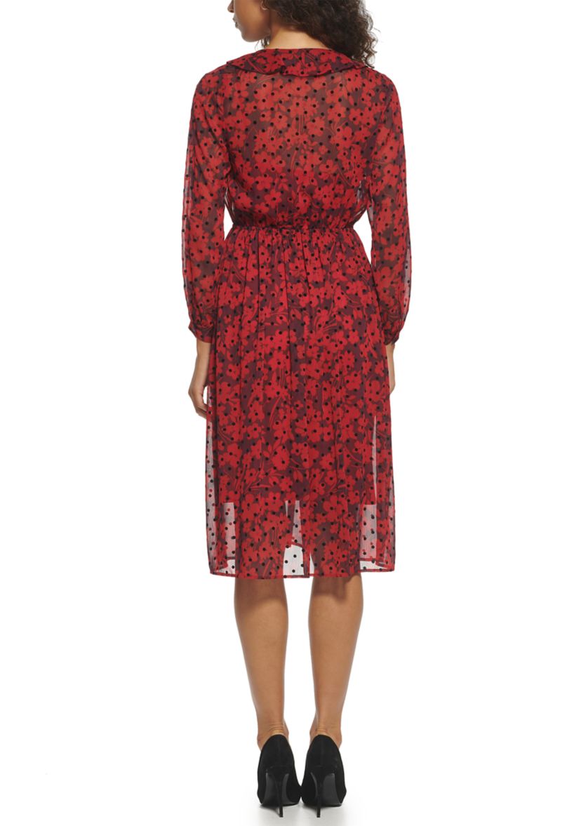 Womens Long Sleeve Ruffle V-Neck Smocked Waist Chiffon Midi Dress