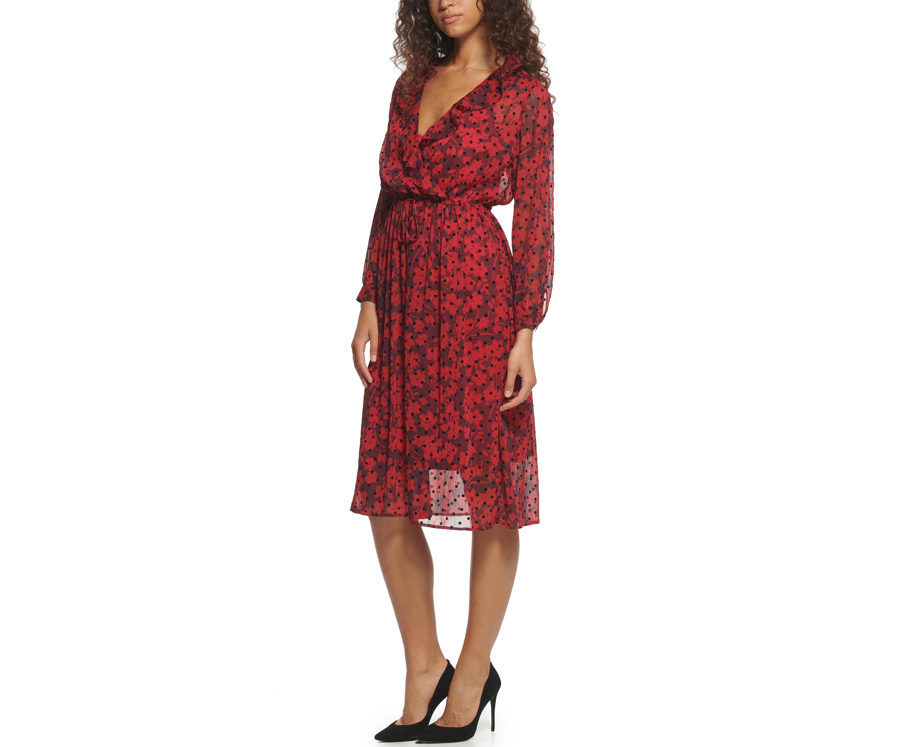 Womens Long Sleeve Ruffle V-Neck Smocked Waist Chiffon Midi Dress
