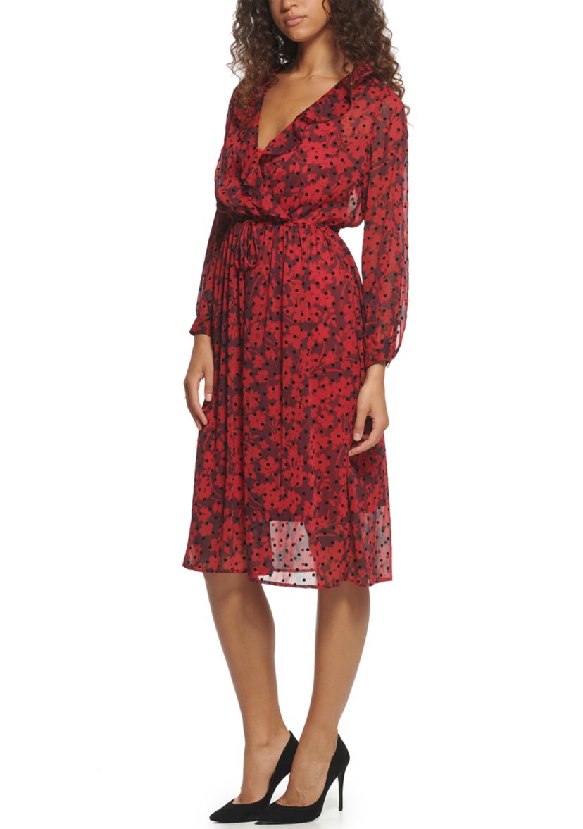 Womens Long Sleeve Ruffle V-Neck Smocked Waist Chiffon Midi Dress