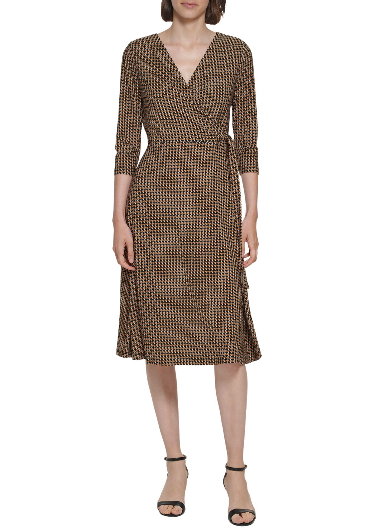 Womens 3/4 Sleeve Tie Waist Printed Wrap Dress