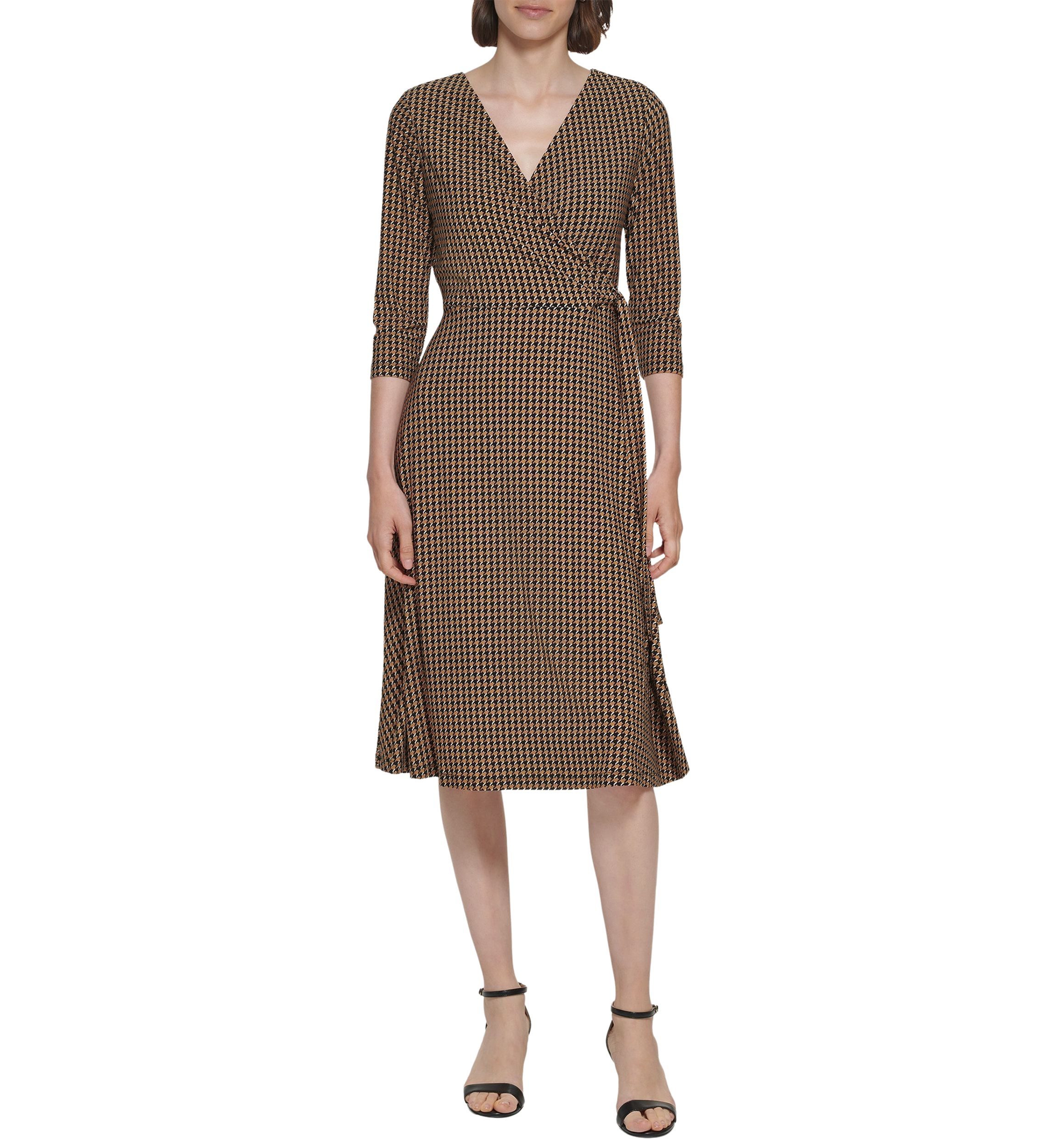 Womens 3/4 Sleeve Tie Waist Printed Wrap Dress