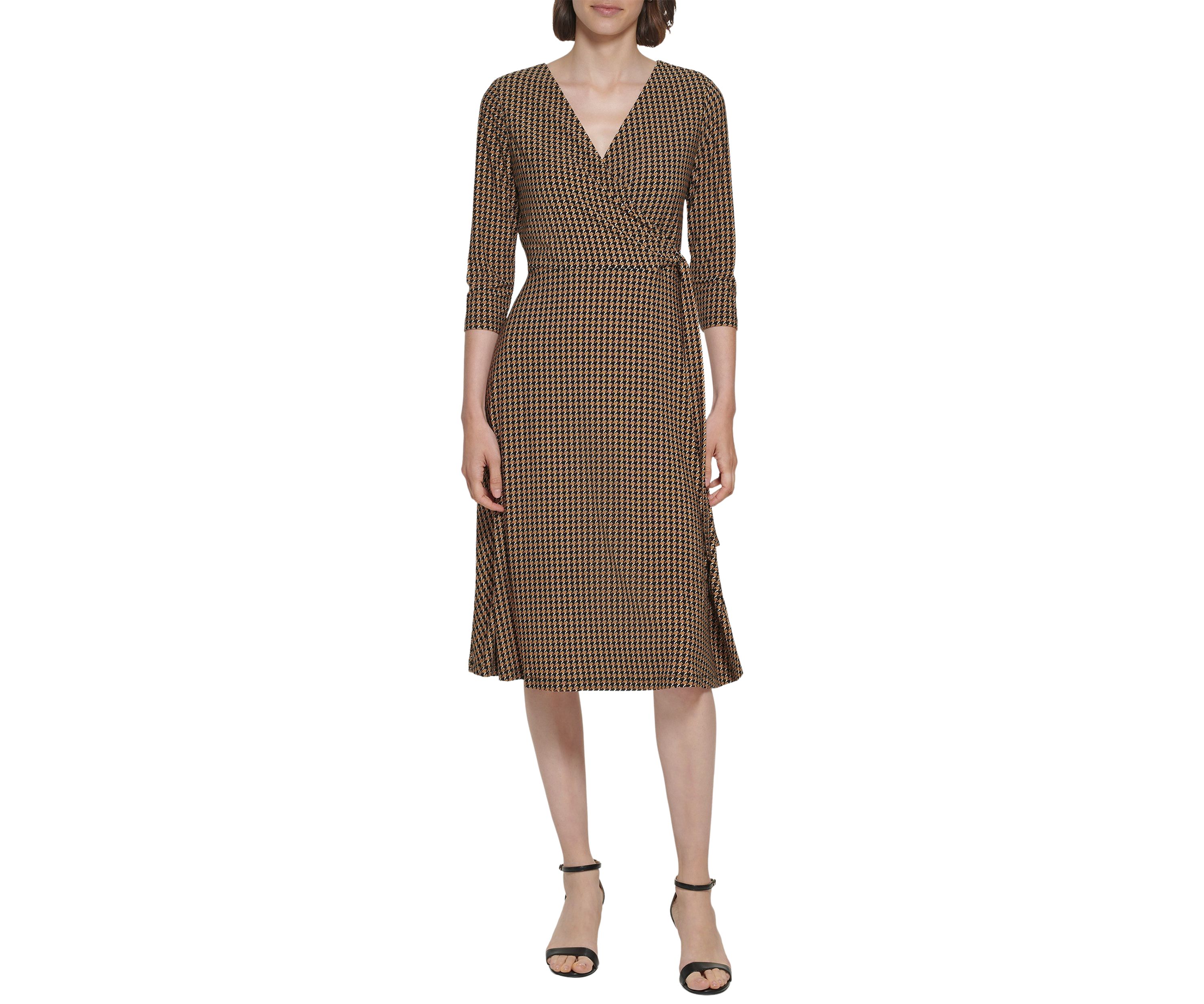 Womens 3/4 Sleeve Tie Waist Printed Wrap Dress