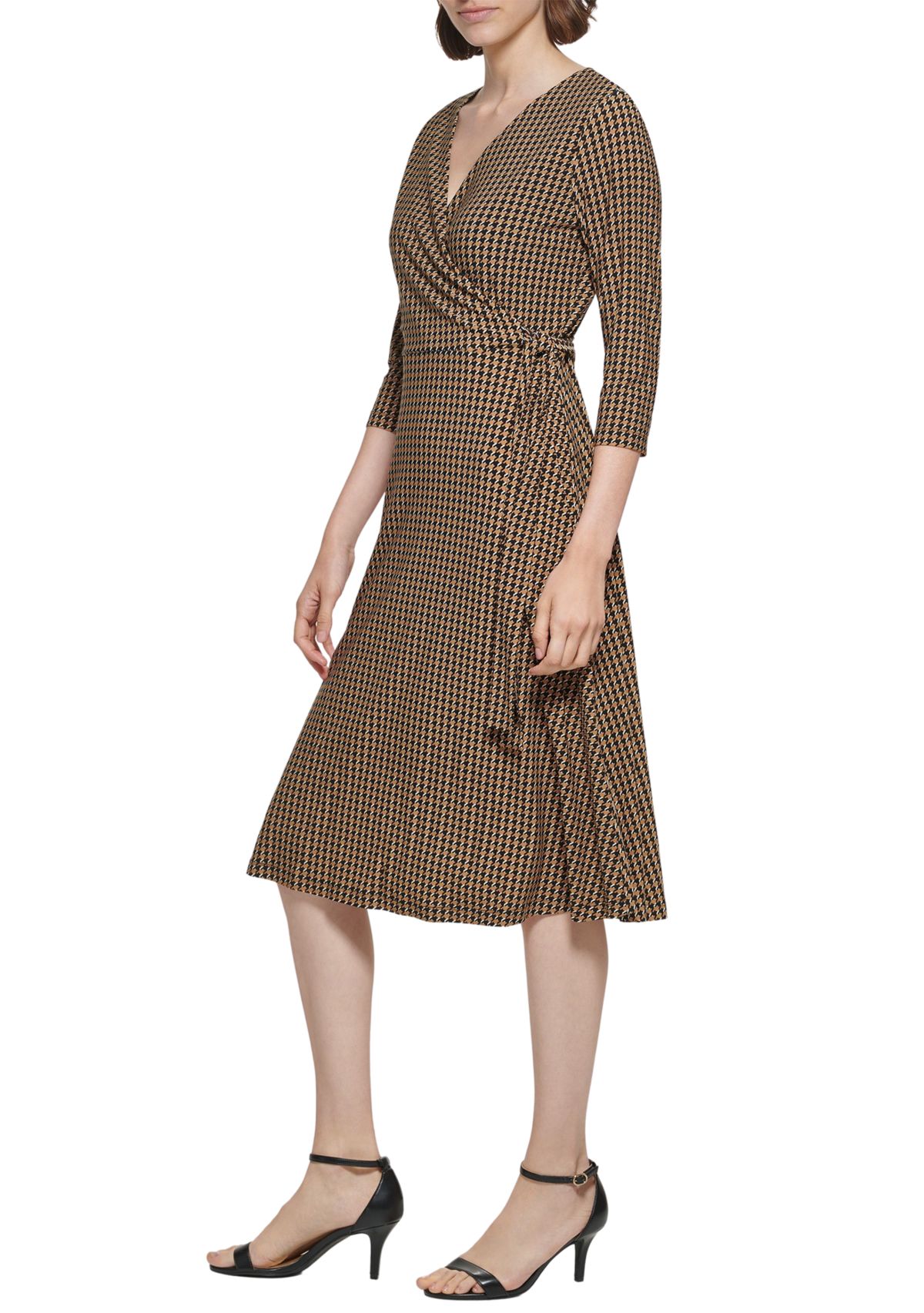 Womens 3/4 Sleeve Tie Waist Printed Wrap Dress