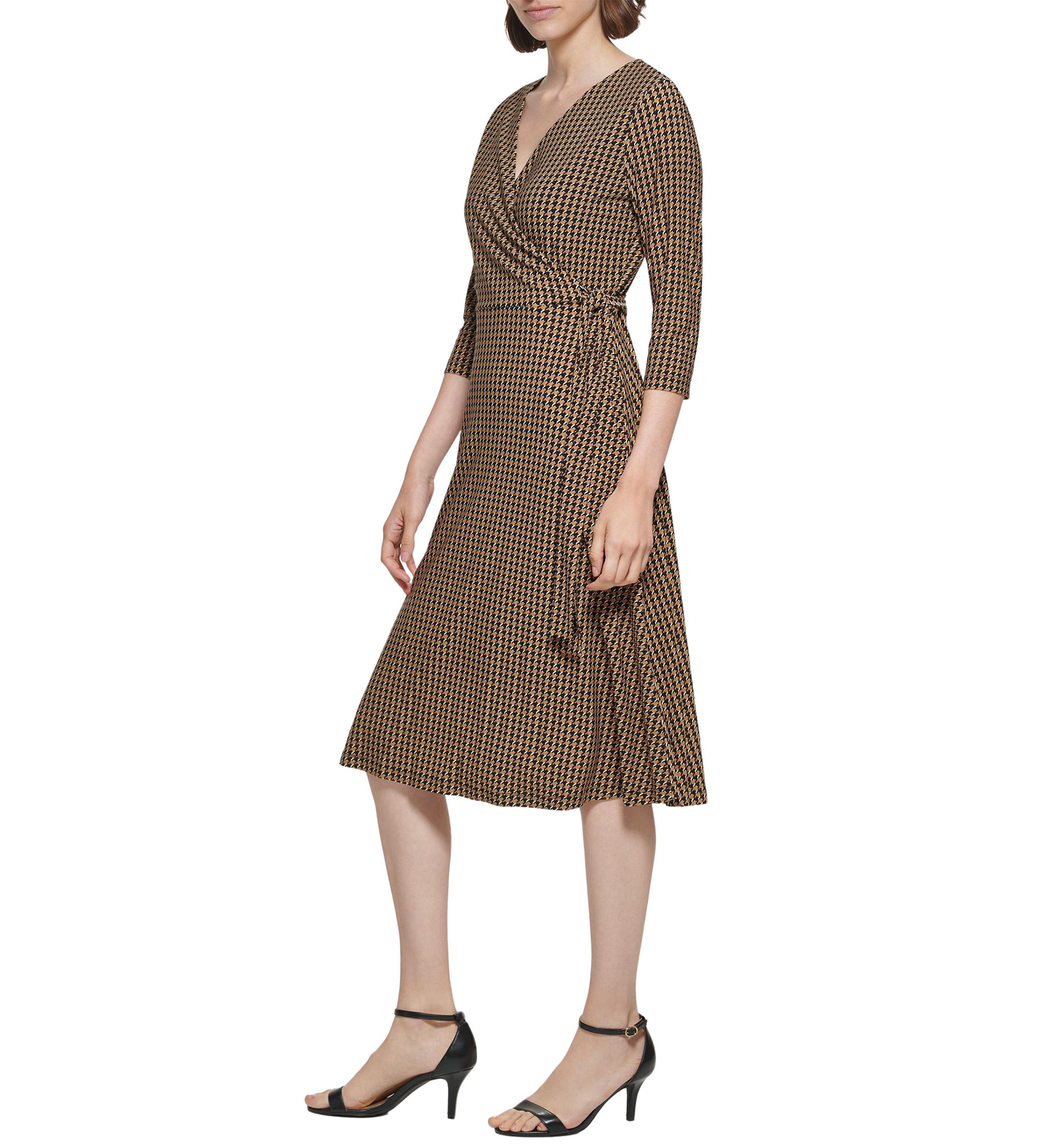 Womens 3/4 Sleeve Tie Waist Printed Wrap Dress