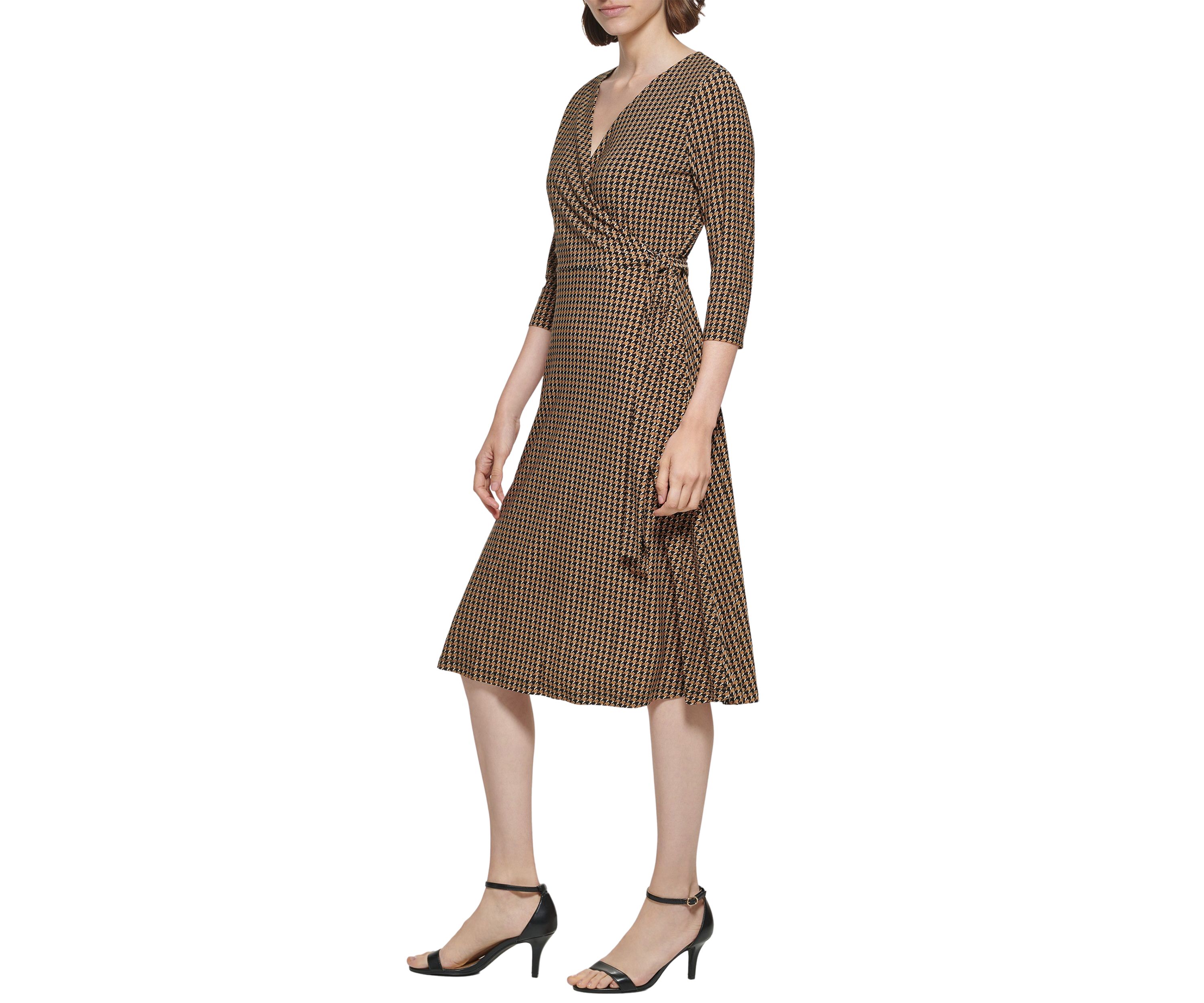 Womens 3/4 Sleeve Tie Waist Printed Wrap Dress