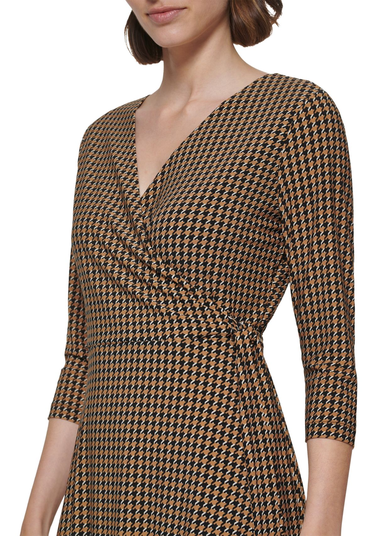 Womens 3/4 Sleeve Tie Waist Printed Wrap Dress