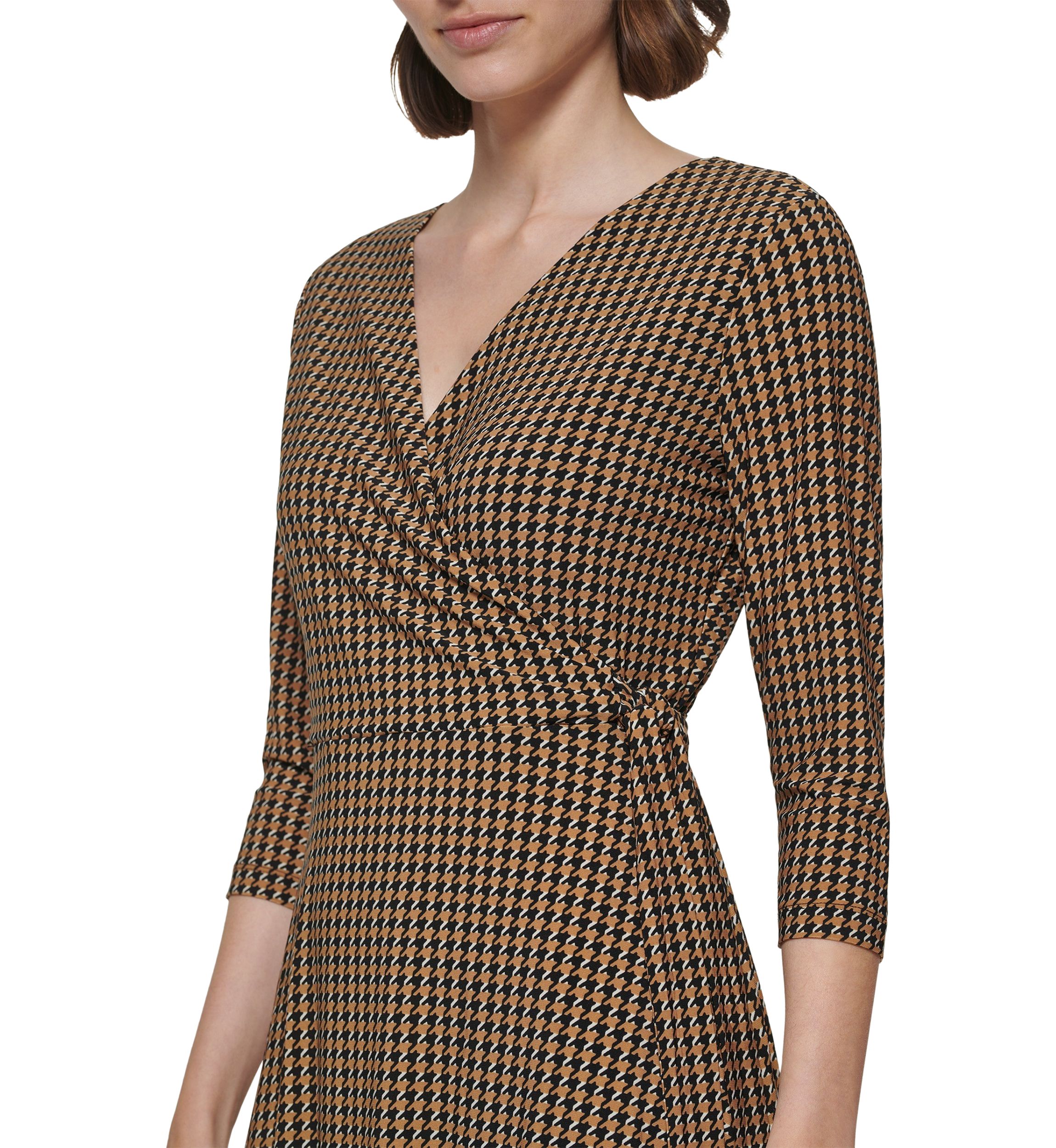 Womens 3/4 Sleeve Tie Waist Printed Wrap Dress