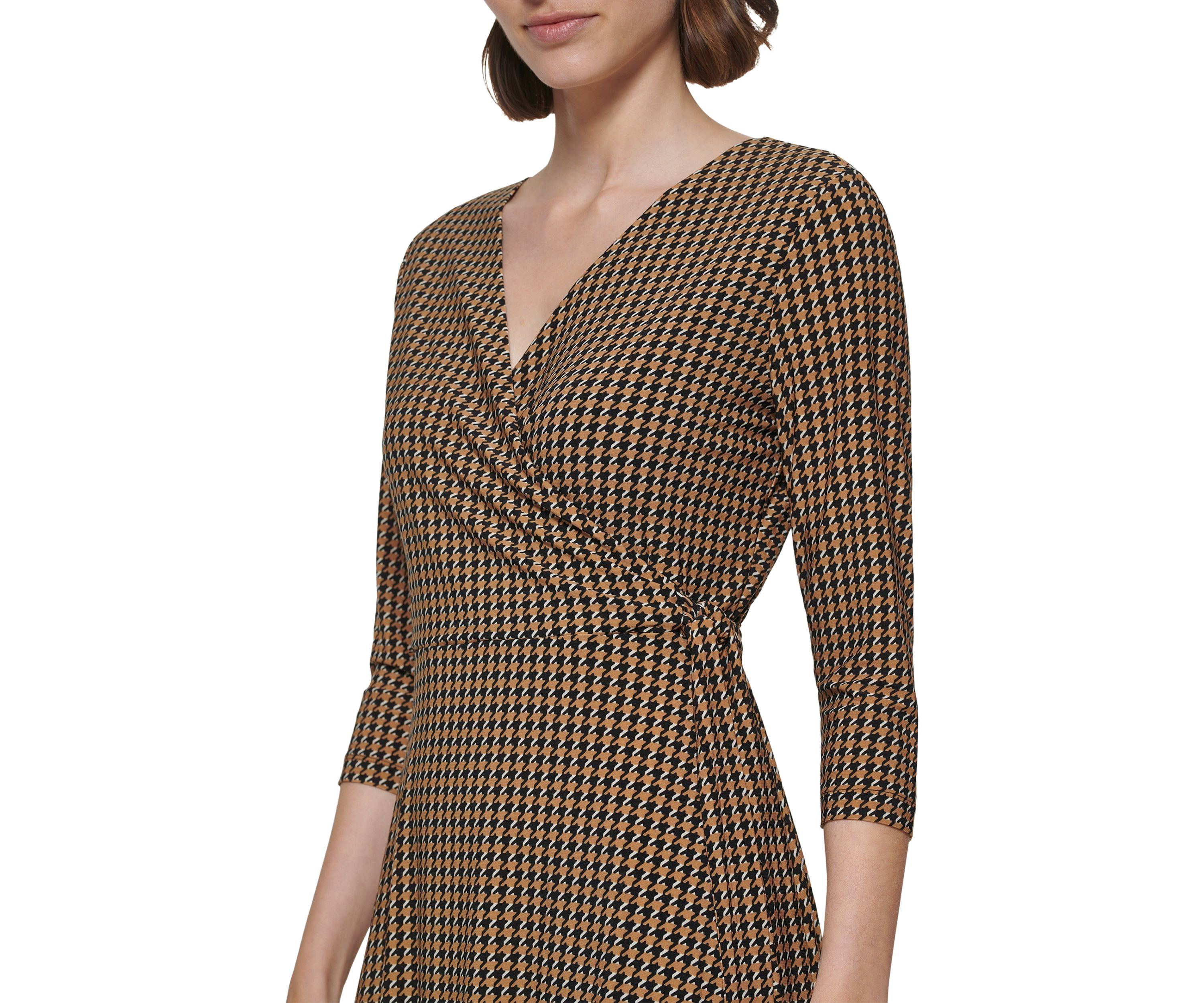 Womens 3/4 Sleeve Tie Waist Printed Wrap Dress