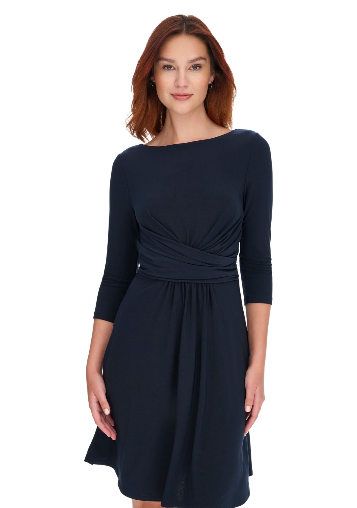 Womens 3/4 Sleeve Wrap Front Jersey Fit and Flare Dress