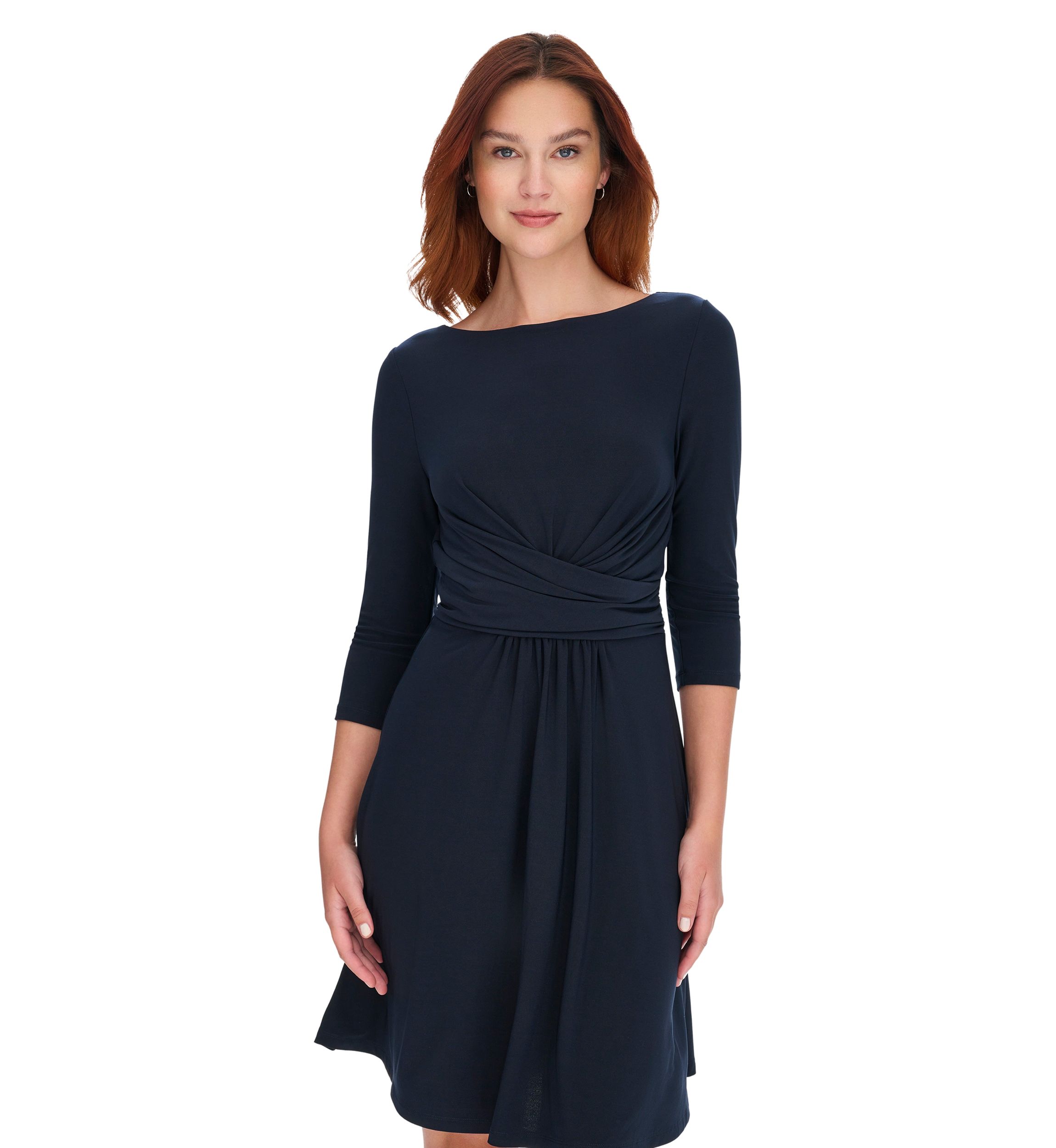 Womens 3/4 Sleeve Wrap Front Jersey Fit and Flare Dress