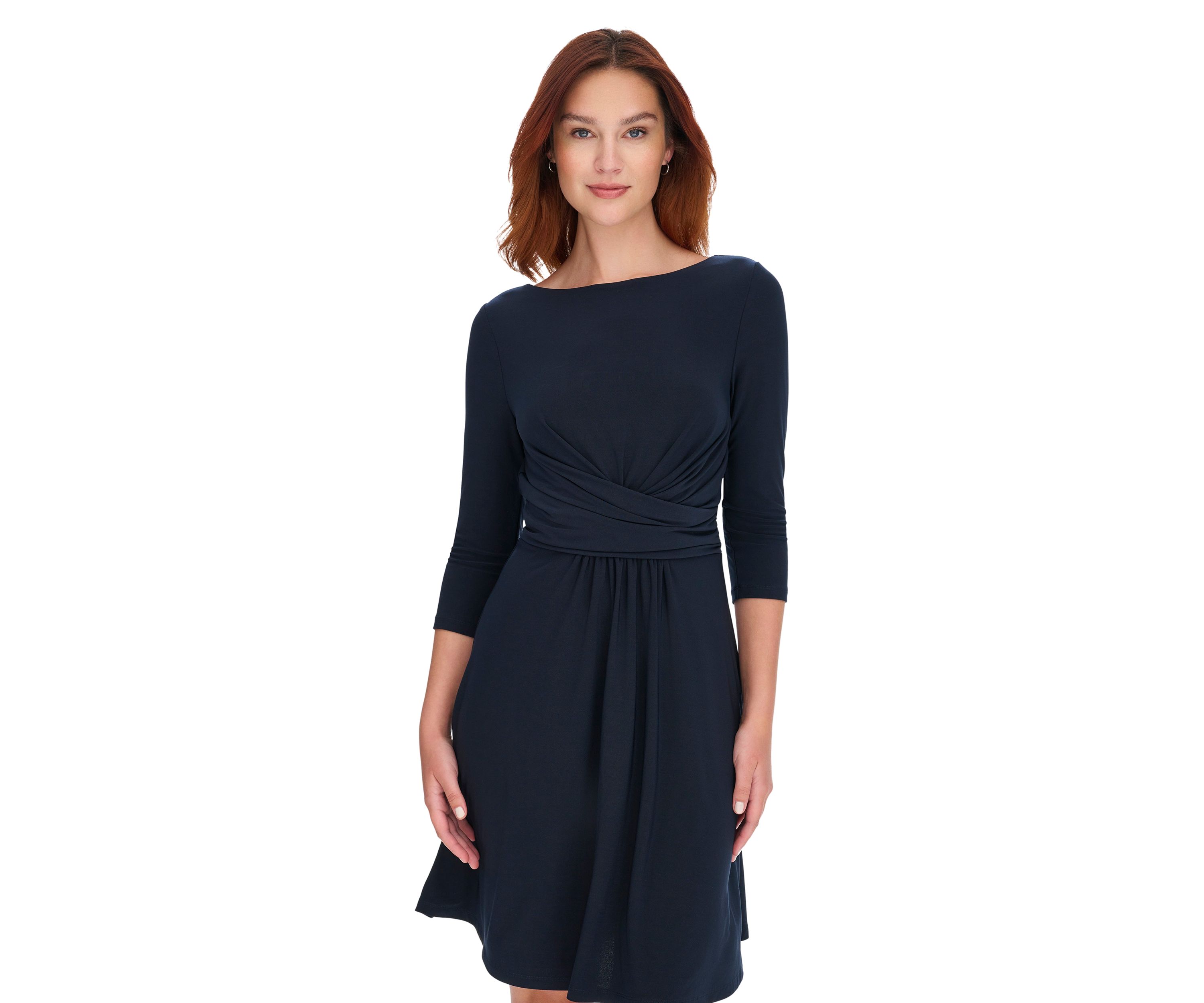 Womens 3/4 Sleeve Wrap Front Jersey Fit and Flare Dress