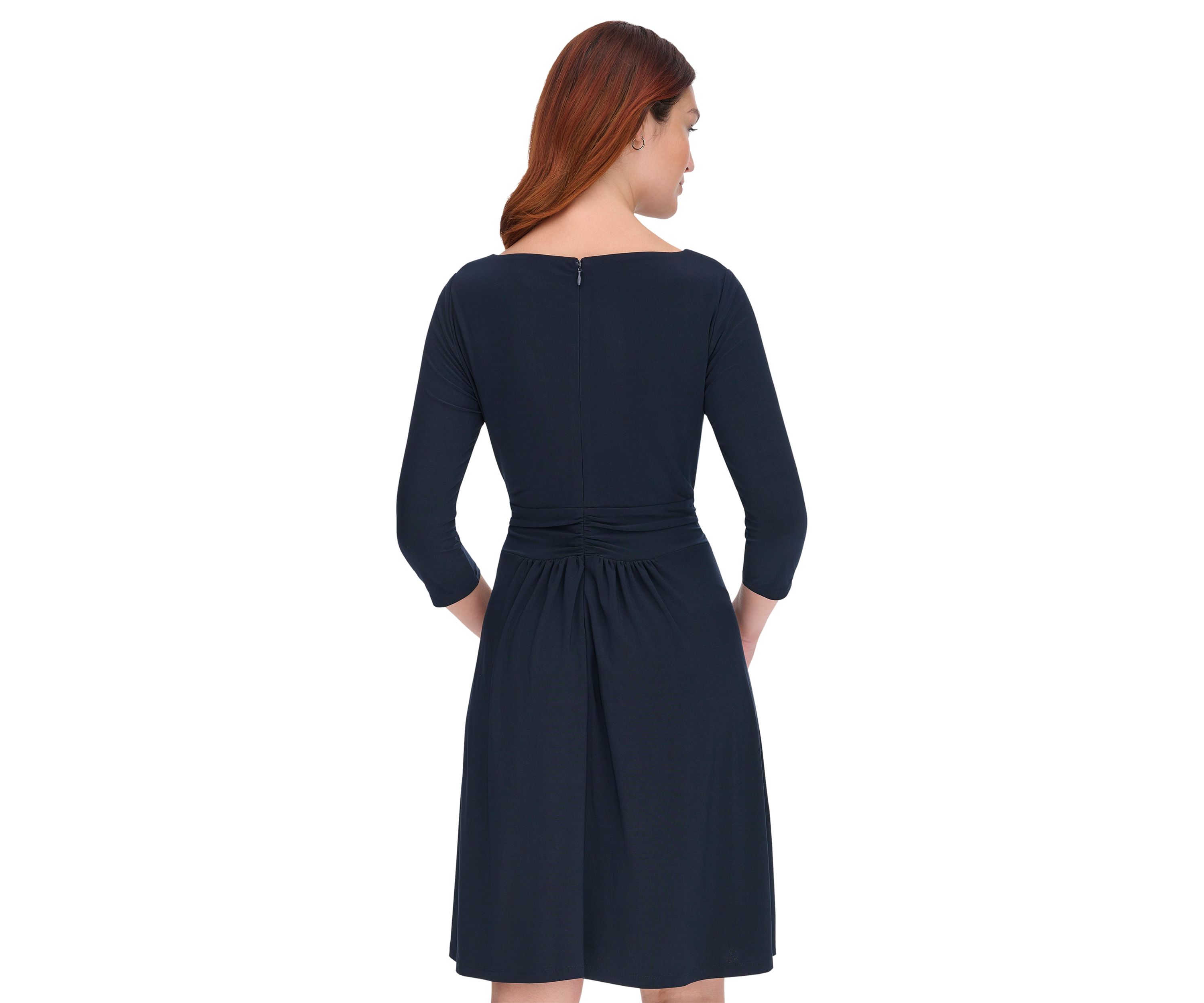 Womens 3/4 Sleeve Wrap Front Jersey Fit and Flare Dress