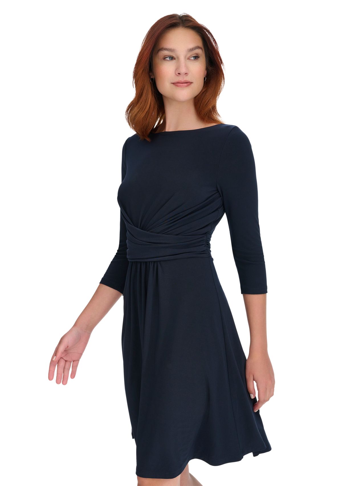 Womens 3/4 Sleeve Wrap Front Jersey Fit and Flare Dress