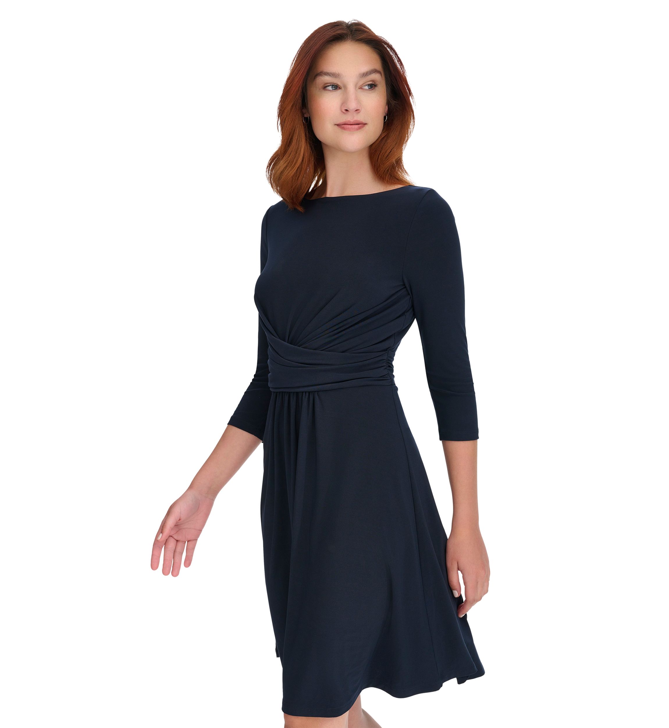 Womens 3/4 Sleeve Wrap Front Jersey Fit and Flare Dress