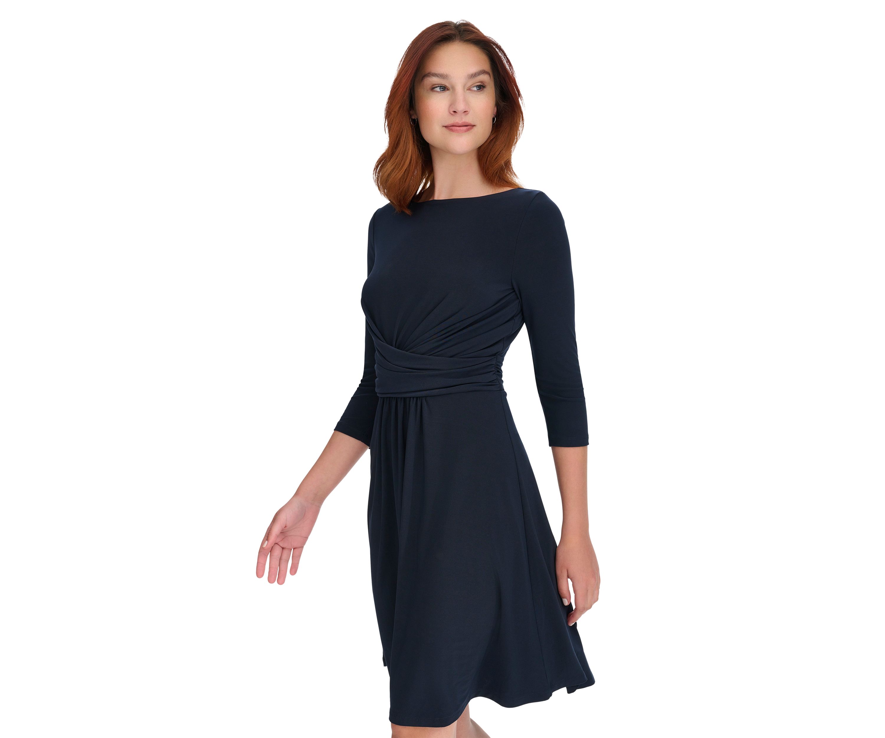 Womens 3/4 Sleeve Wrap Front Jersey Fit and Flare Dress