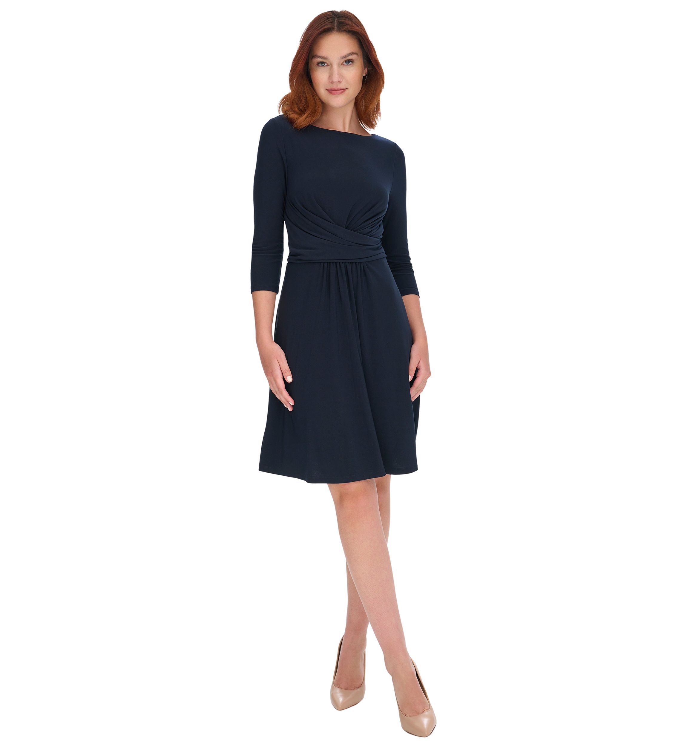 Womens 3/4 Sleeve Wrap Front Jersey Fit and Flare Dress