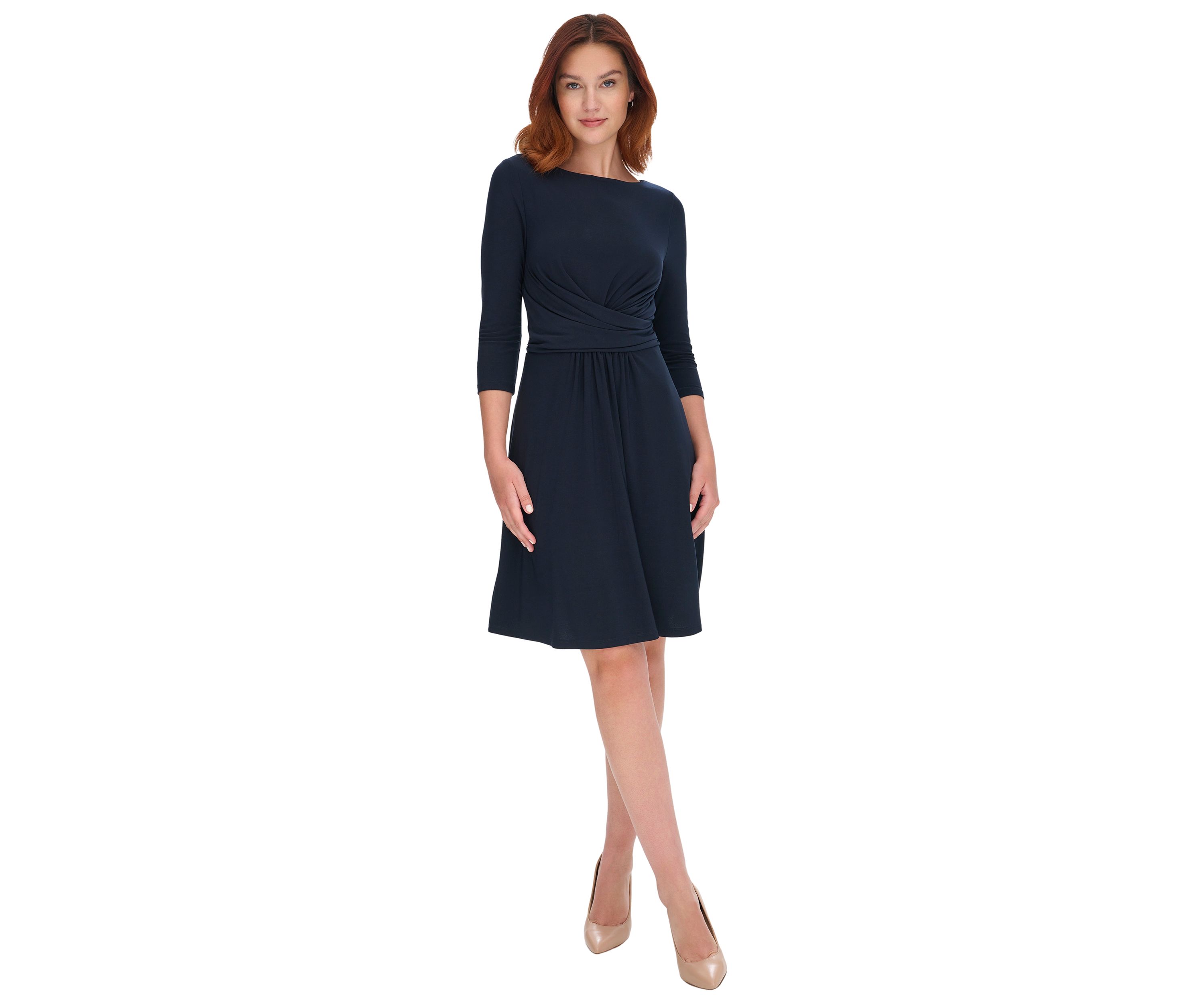 Womens 3/4 Sleeve Wrap Front Jersey Fit and Flare Dress