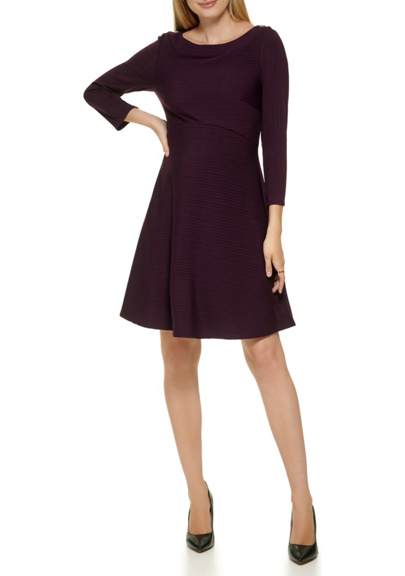 Long Sleeve Silky Rib Knit Fit & Flare Dress
