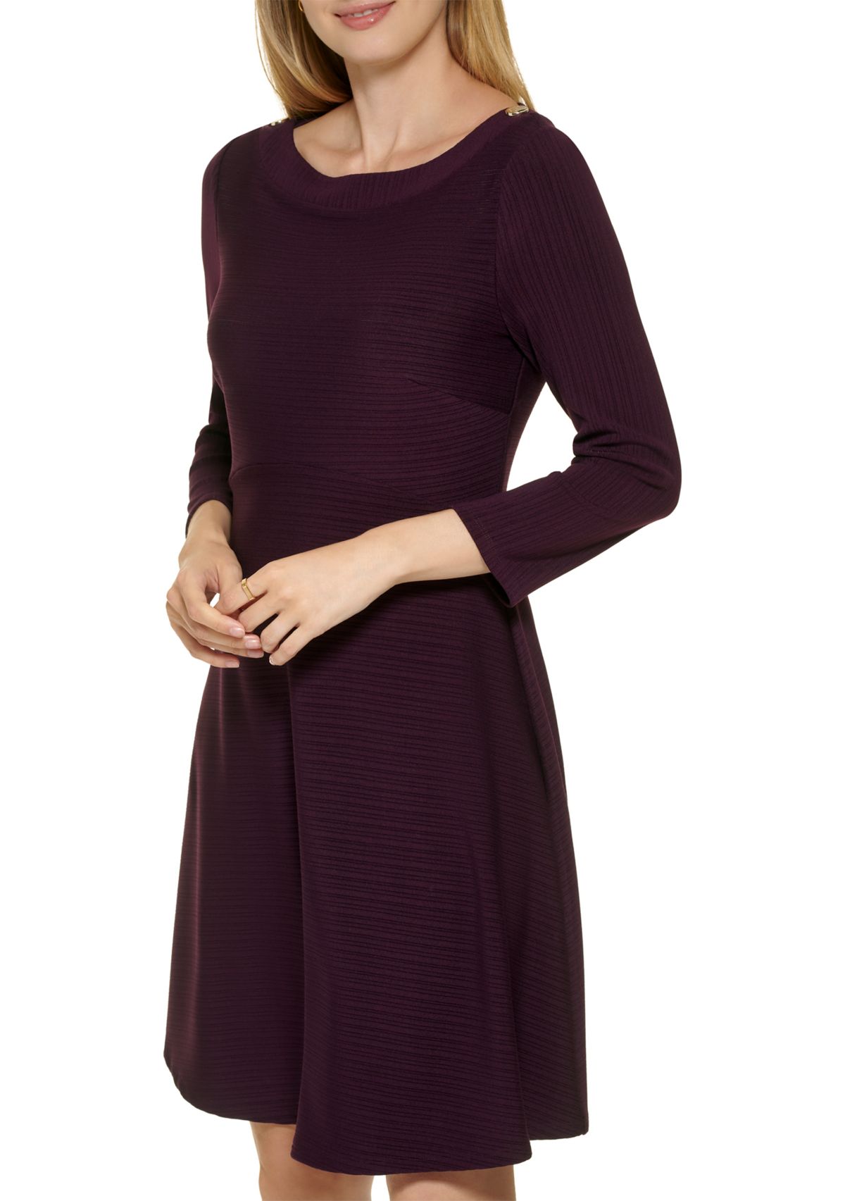 Long Sleeve Silky Rib Knit Fit & Flare Dress