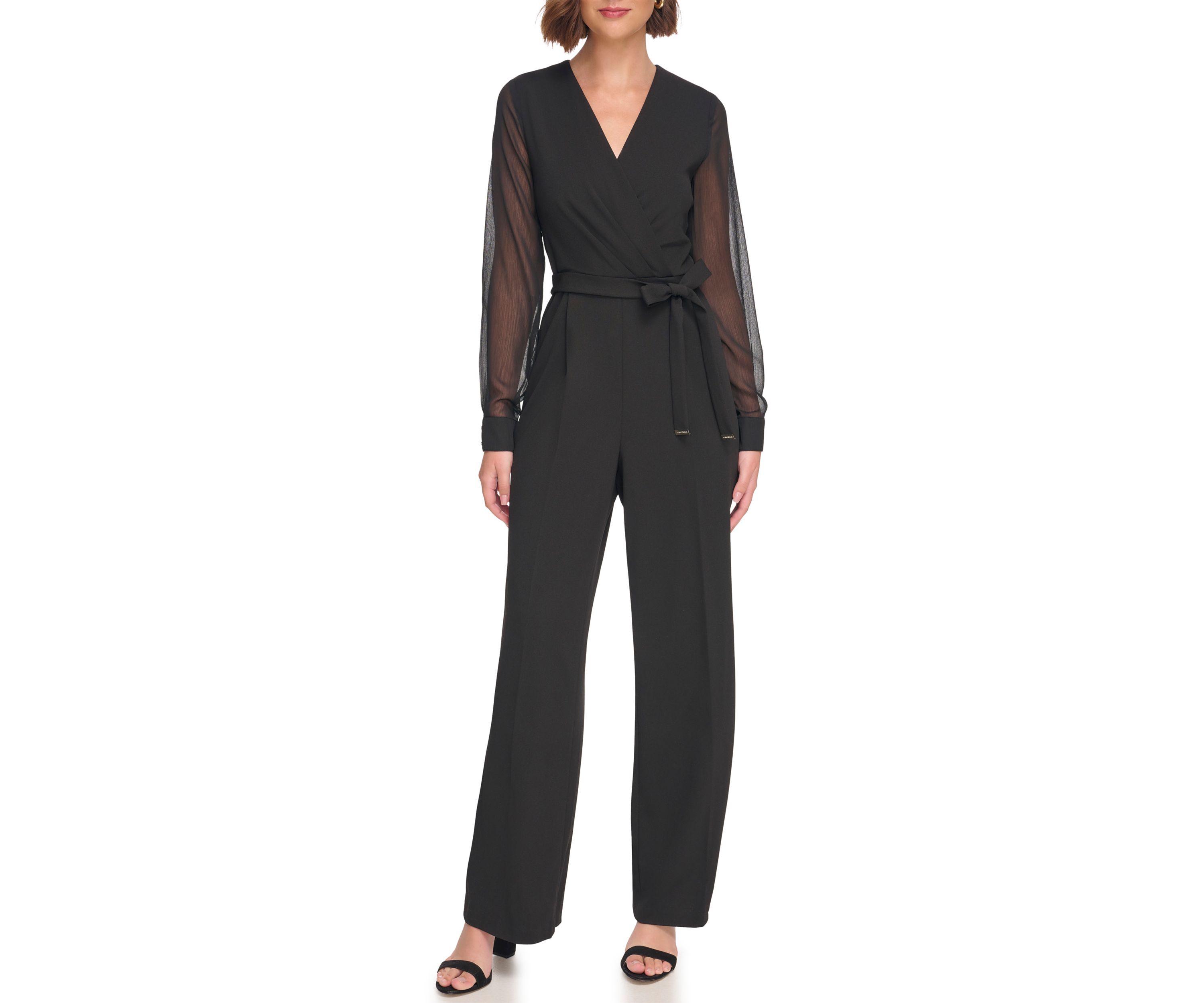 Long Sleeve Surplice Scuba Crepe Jumpsuit 