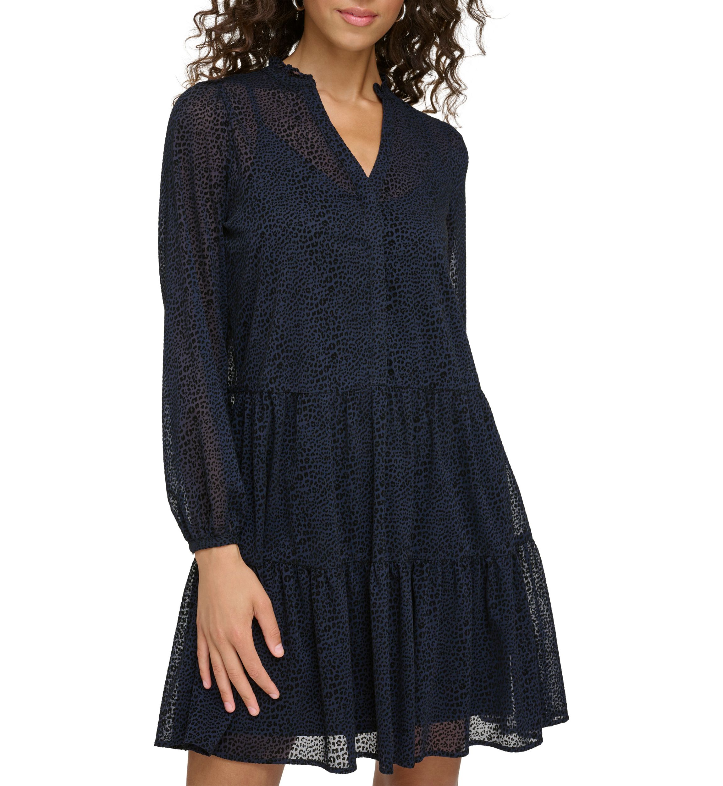 Womens Long Sleeve V-Neck Tiered Chiffon Shirtdress