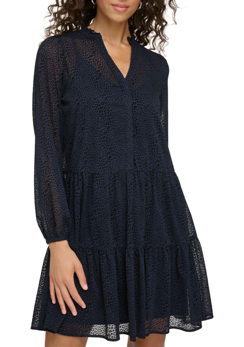 Womens Long Sleeve V-Neck Tiered Chiffon Shirtdress
