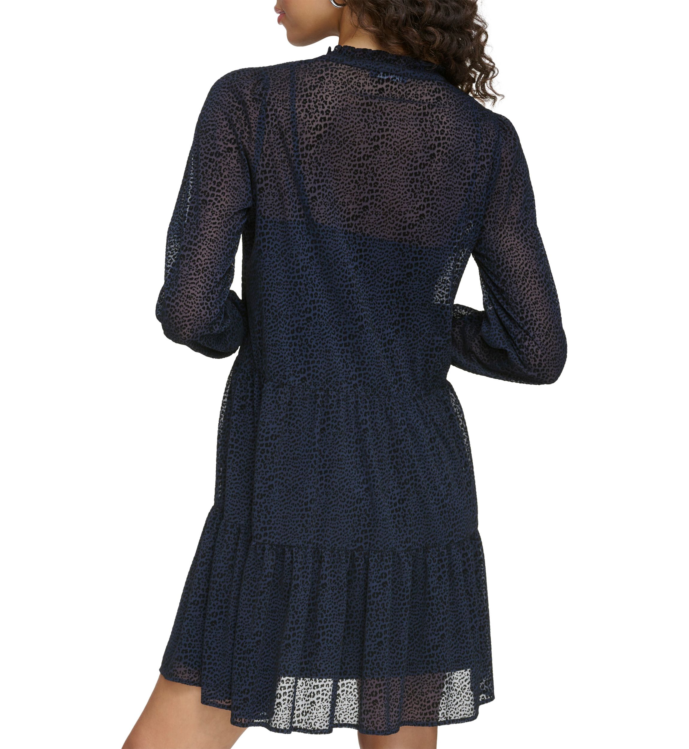 Womens Long Sleeve V-Neck Tiered Chiffon Shirtdress